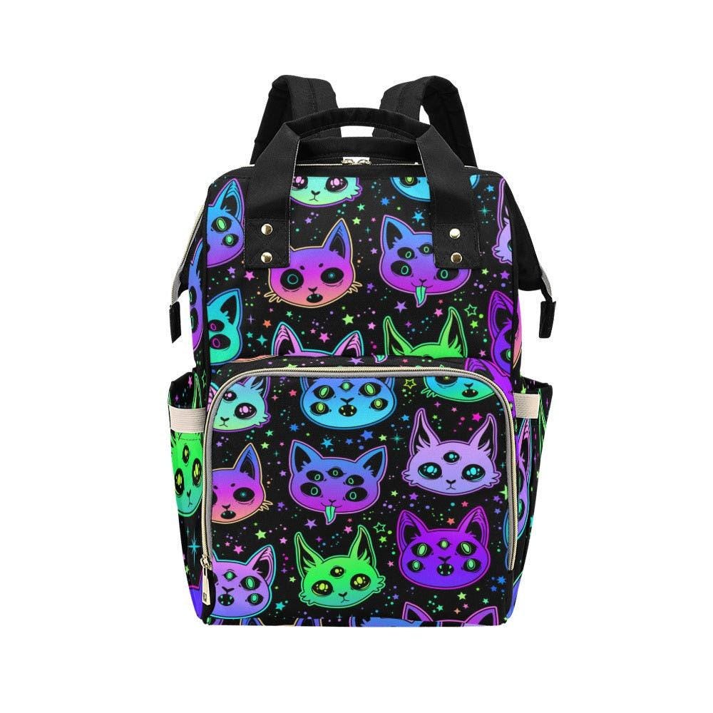 Diaper bag backpack with neon cats, mom travel bag, baby organizer backpack