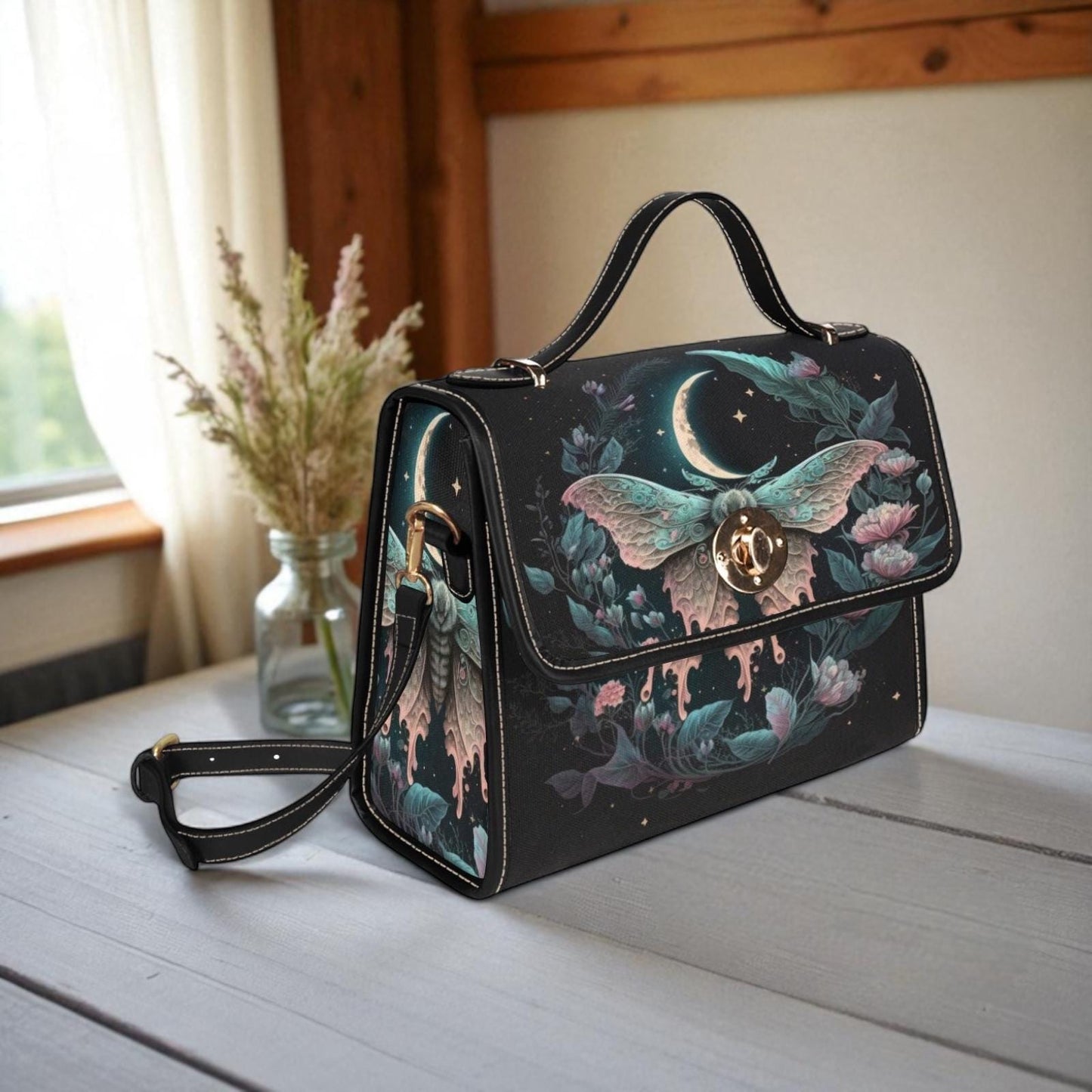 Pastel moth floral satchel bag, fairycore crossbody with celestial moon and star design, dreamy witch tote