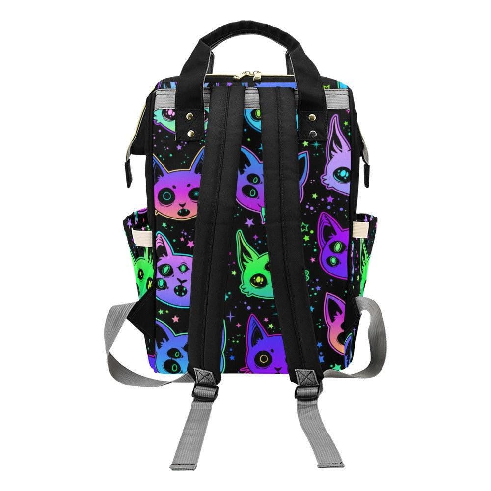 Diaper bag backpack with neon cats, mom travel bag, baby organizer backpack