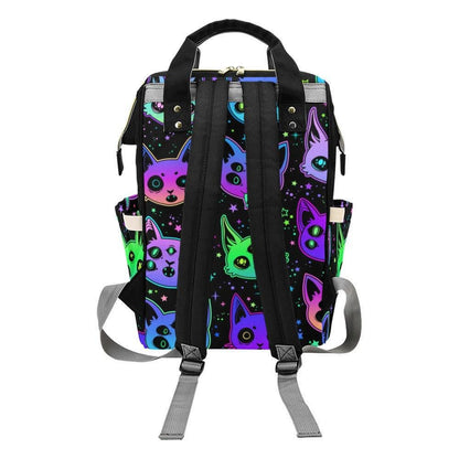 Diaper bag backpack with neon cats, mom travel bag, baby organizer backpack