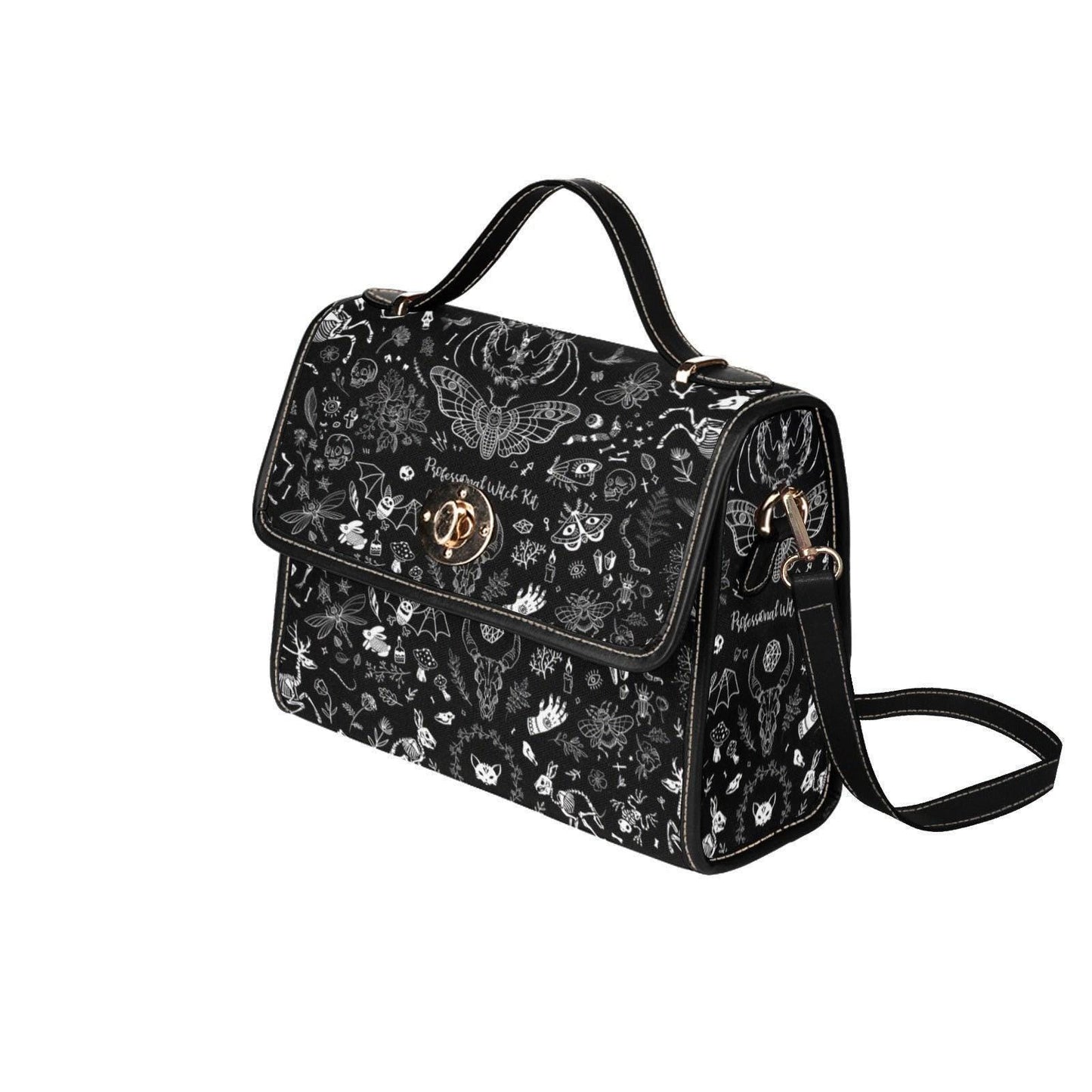 Witch symbols crossbody bag, spooky goth shoulder purse, mystical sketch witchy handbag, celestial dark aesthetic satchel, occult indie bag