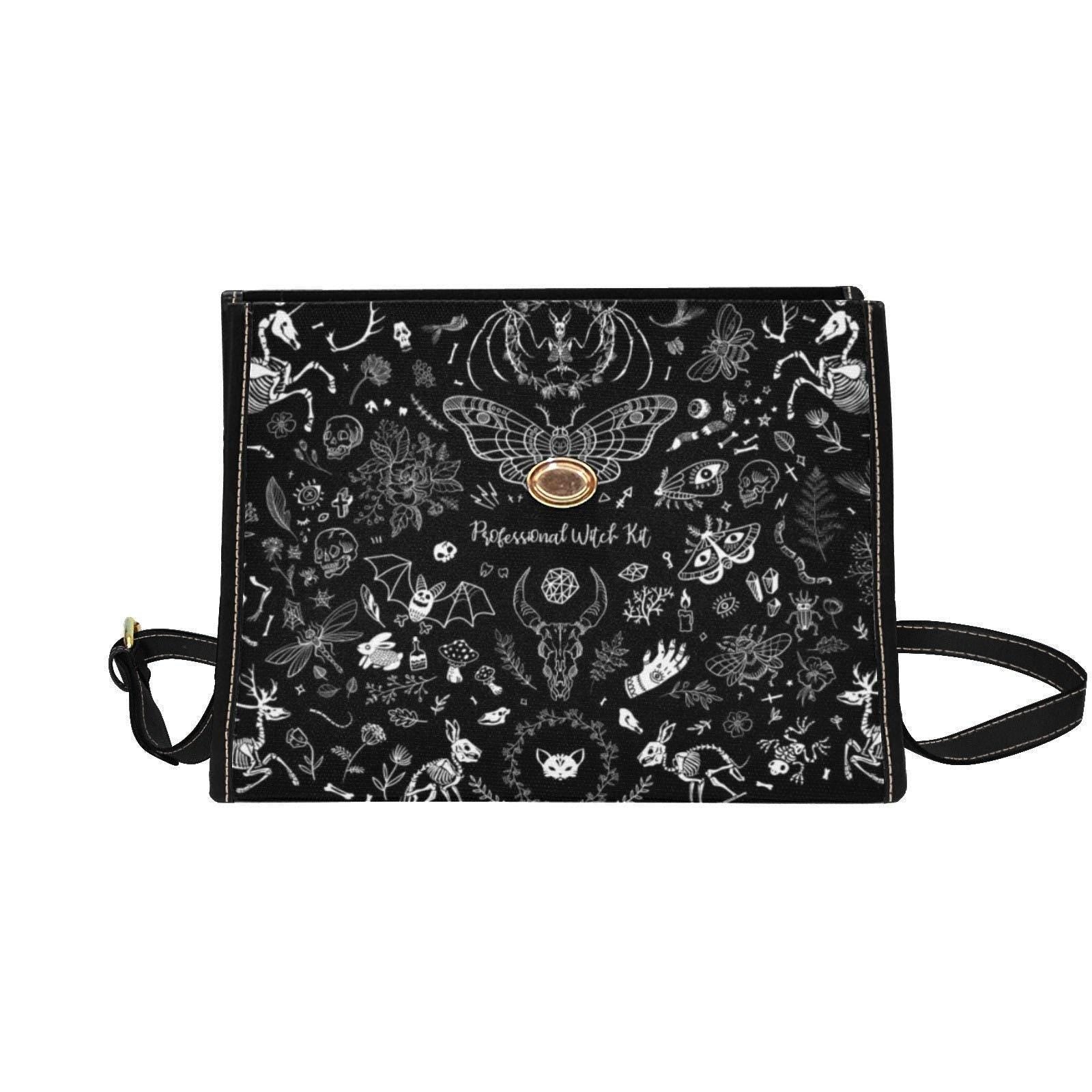 Mystical Sketch Witchy Handbag, Celestial Goth Satchel, Waterproof Canvas Shoulder Purse