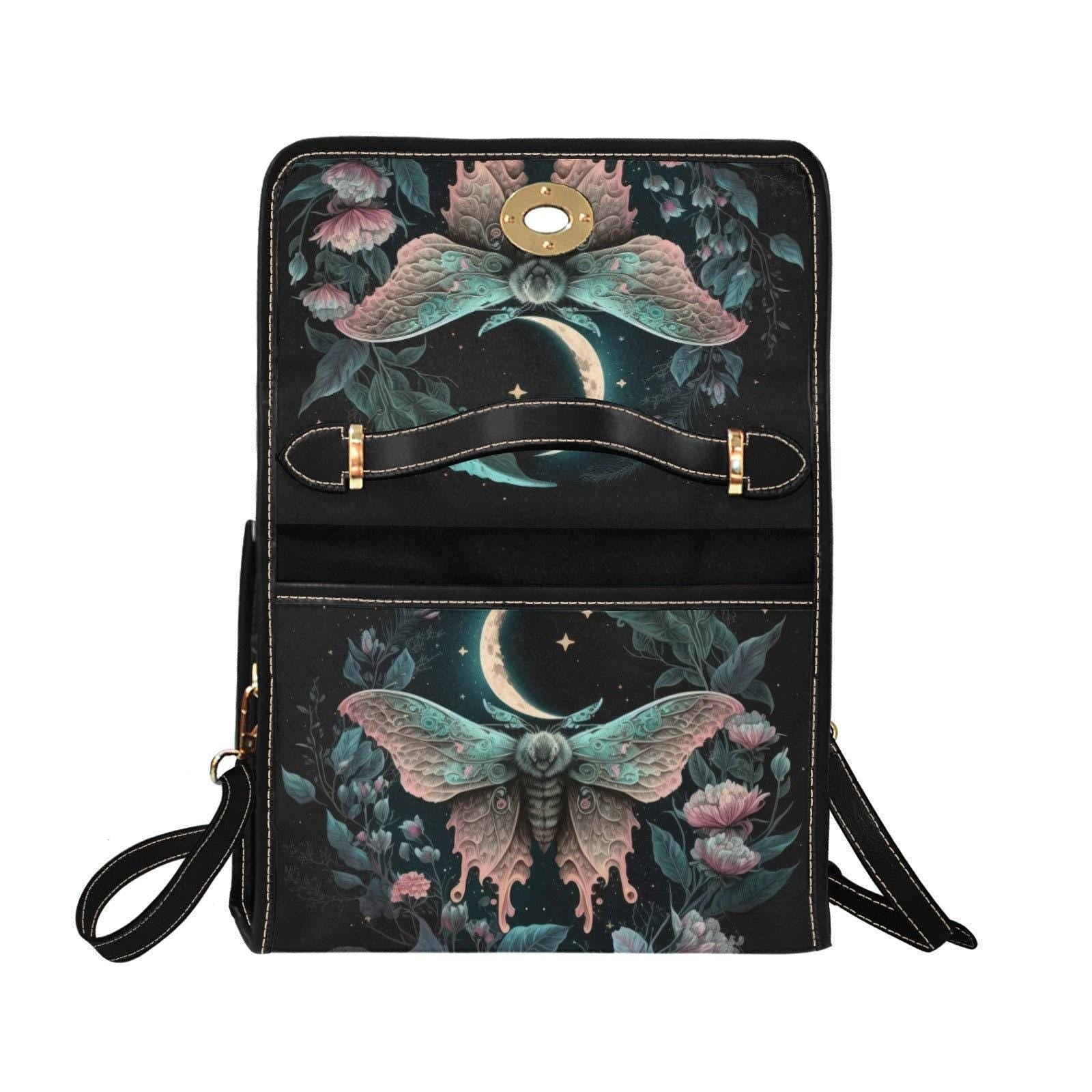 Pastel moth floral satchel bag, fairycore crossbody with celestial moon and star design, dreamy witch tote