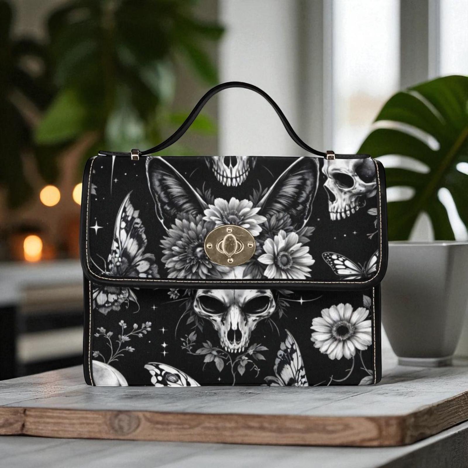 Dark floral skull satchel bag, fantasy familiar crossbody with moth and cat motifs