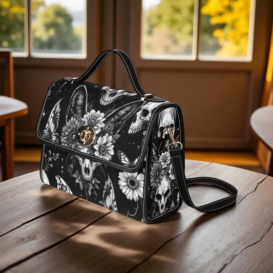 Dark floral skull satchel bag, fantasy familiar crossbody with moth and cat motifs