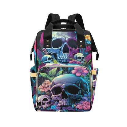 Pastel Skull Floral Diaper Backpack, Gothic Baby Tote, Spooky Mom Bag with Neon Skulls