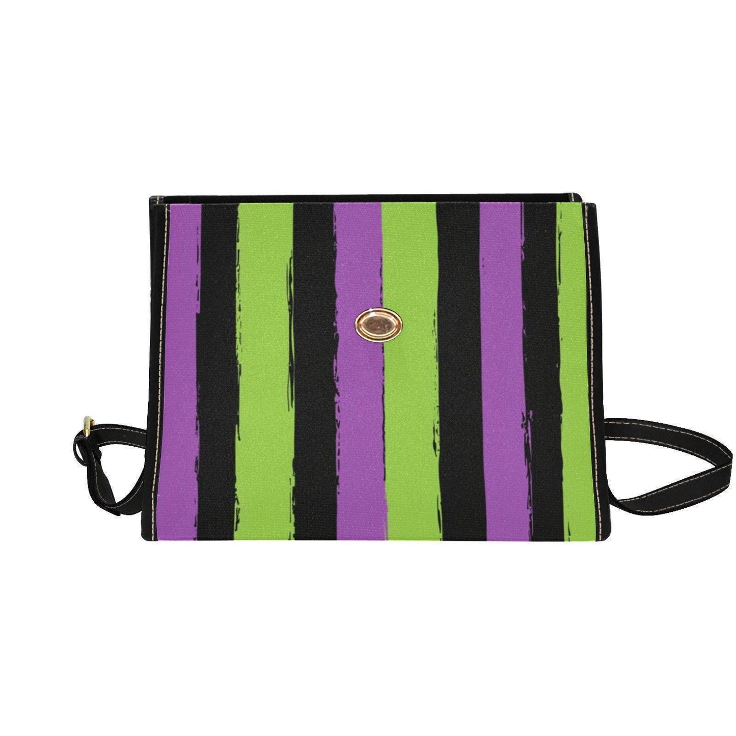 Halloween satchel purse, purple green striped handbag, gothic top handle bag