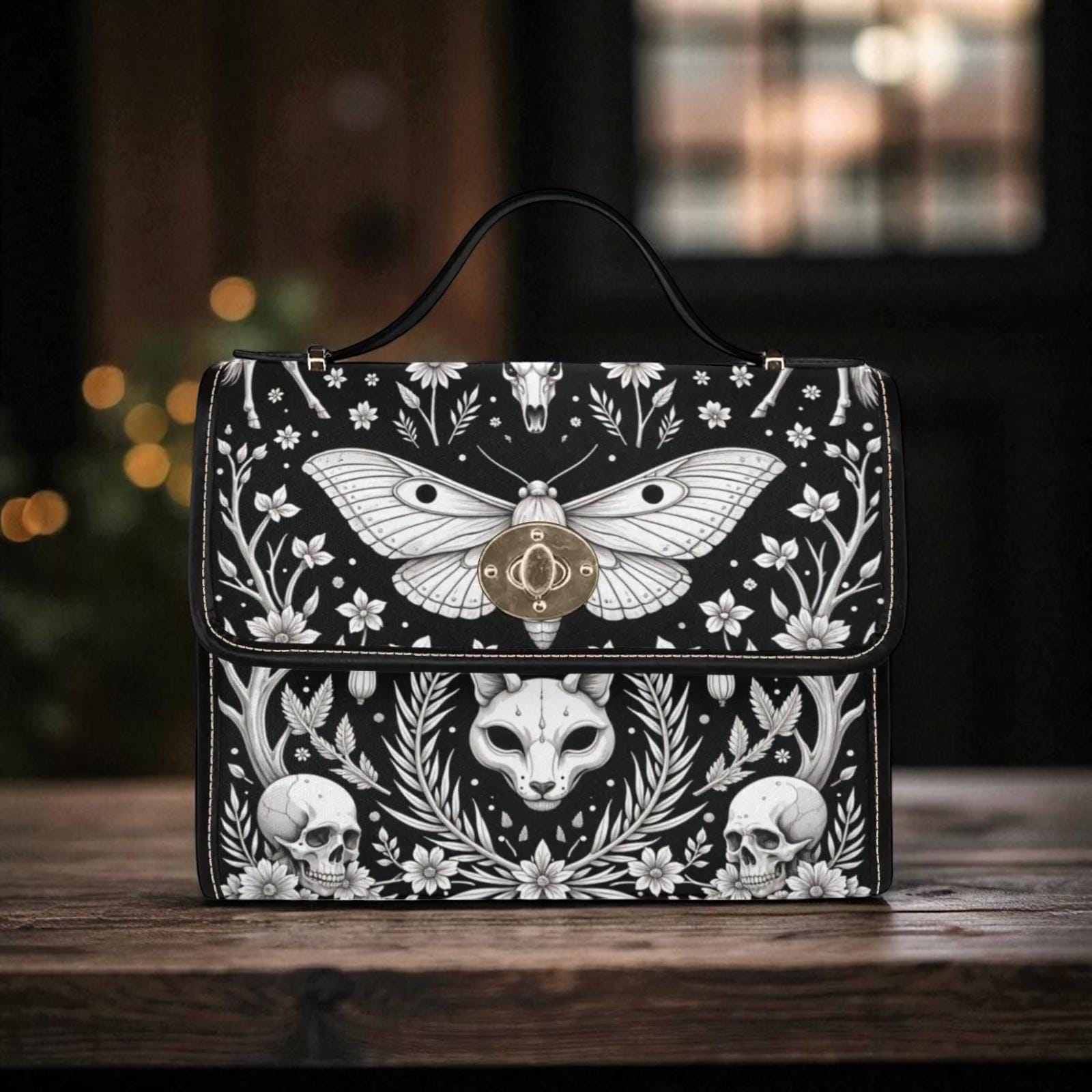 Occult moth satchel purse, witchy cat skull crossbody bag, black floral skull shoulder bag, mystical daily handbag, lunar fashion accessory