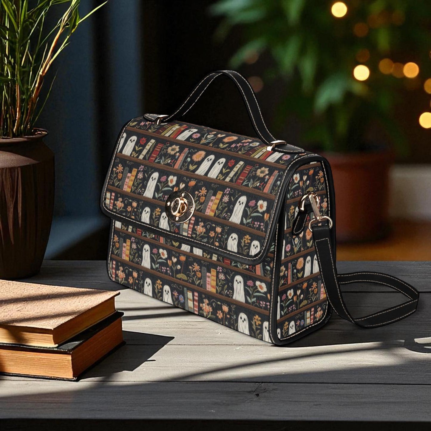 Ghost Library Print Purse, Witchcore Book Bag with Ghosts, Dark Academia Shoulder Bag, Halloween Satchel for Spooky Girls, Goth Gift Idea