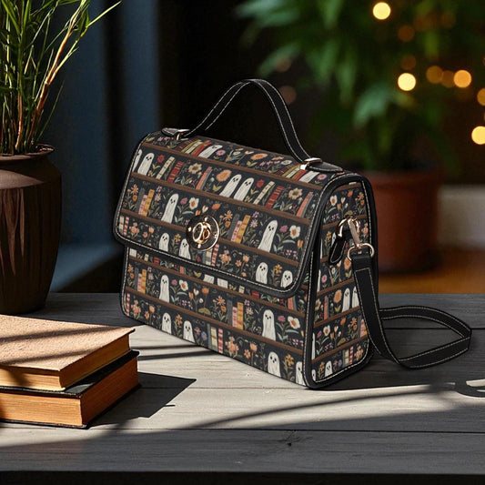 Ghost Library Print Purse, Witchcore Book Bag with Ghosts, Dark Academia Shoulder Bag, Halloween Satchel for Spooky Girls, Goth Gift Idea