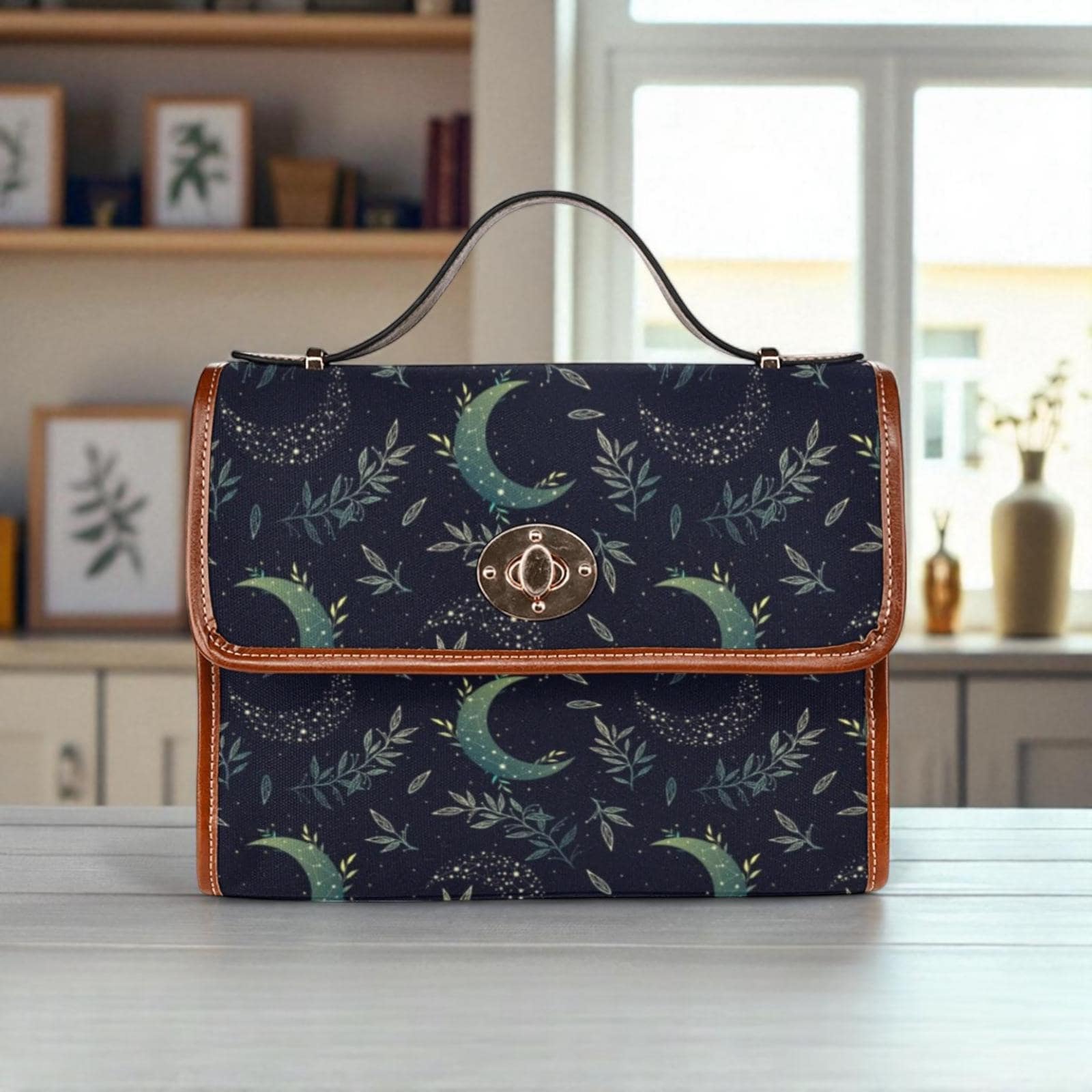 Botanical moon phases bag, stargazer crossbody purse, leafy night sky satchel, soft witch aesthetic handbag, lunar cycle shoulder bag