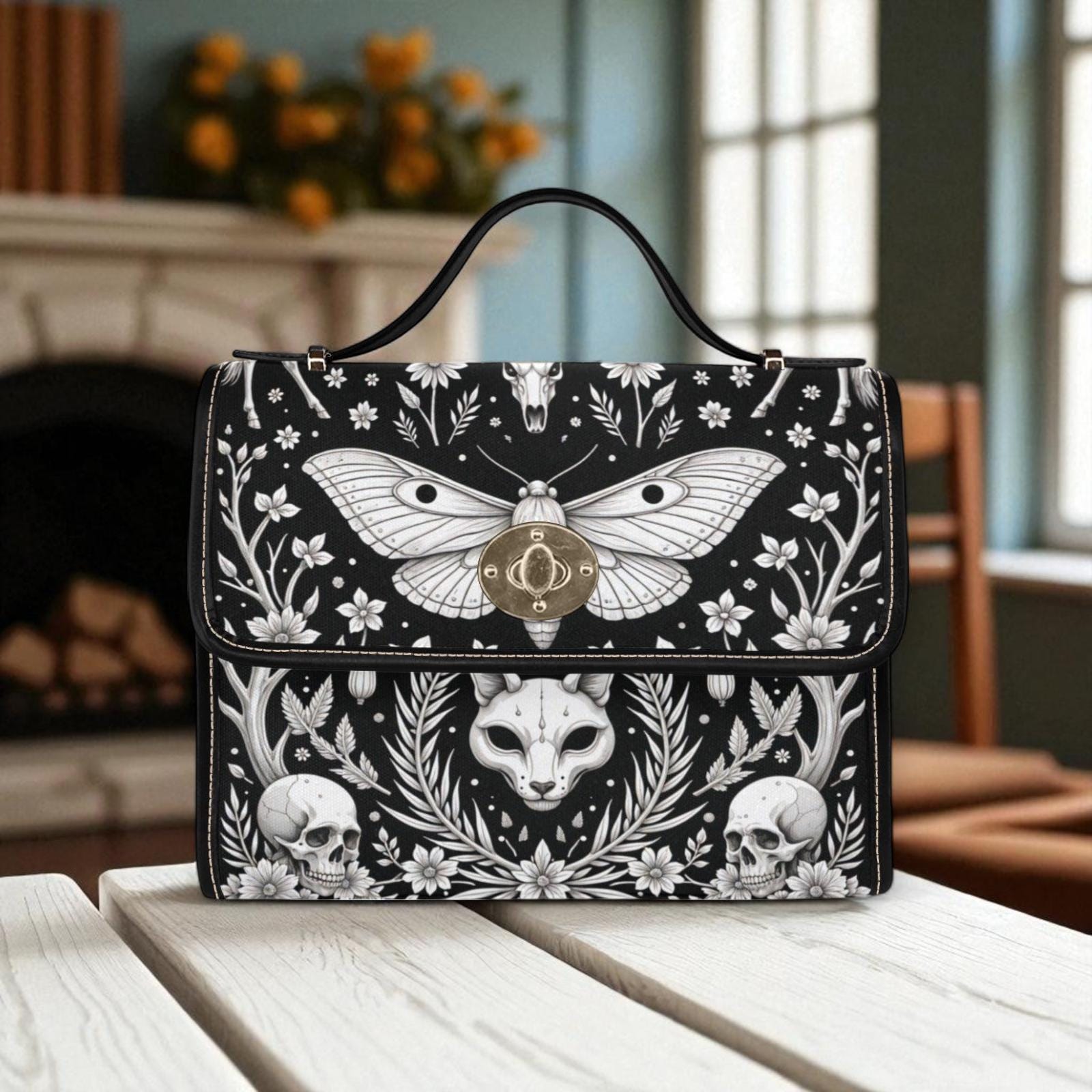 Occult moth satchel purse, witchy cat skull crossbody bag, black floral skull shoulder bag, mystical daily handbag, lunar fashion accessory