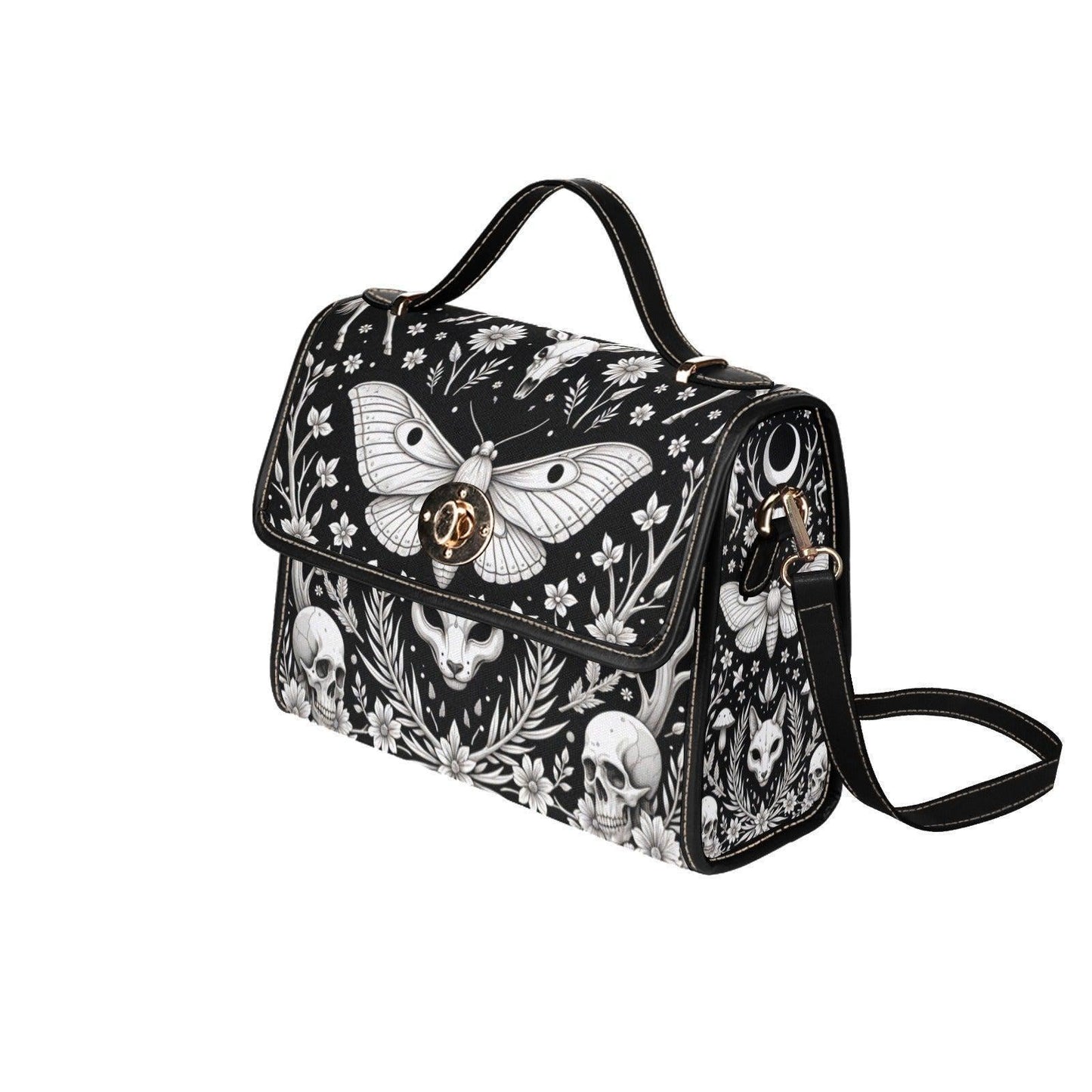 Occult moth satchel purse, witchy cat skull crossbody bag, floral skull shoulder bag, mystical daily handbag