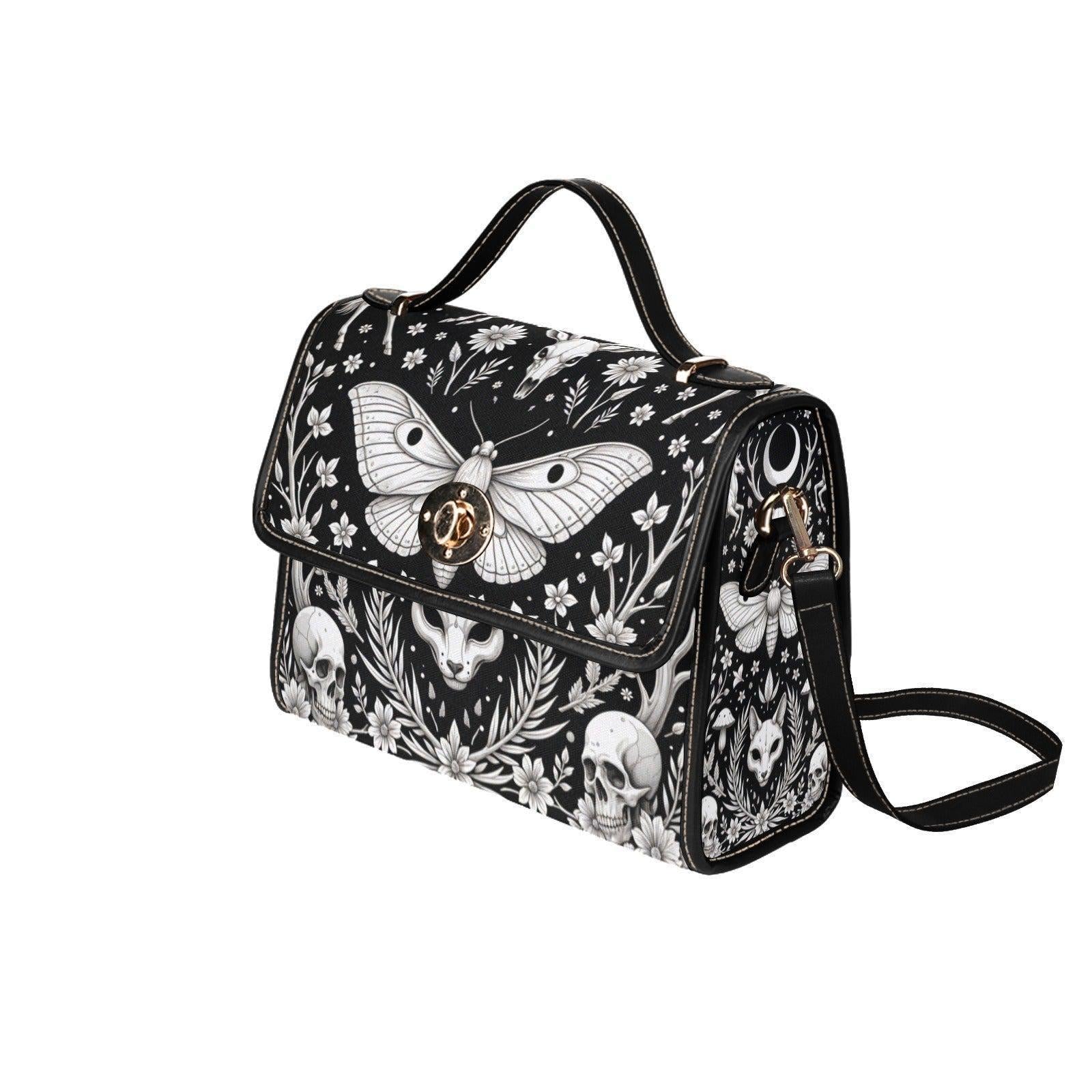 Occult moth satchel purse, witchy cat skull crossbody bag, floral skull shoulder bag, mystical daily handbag