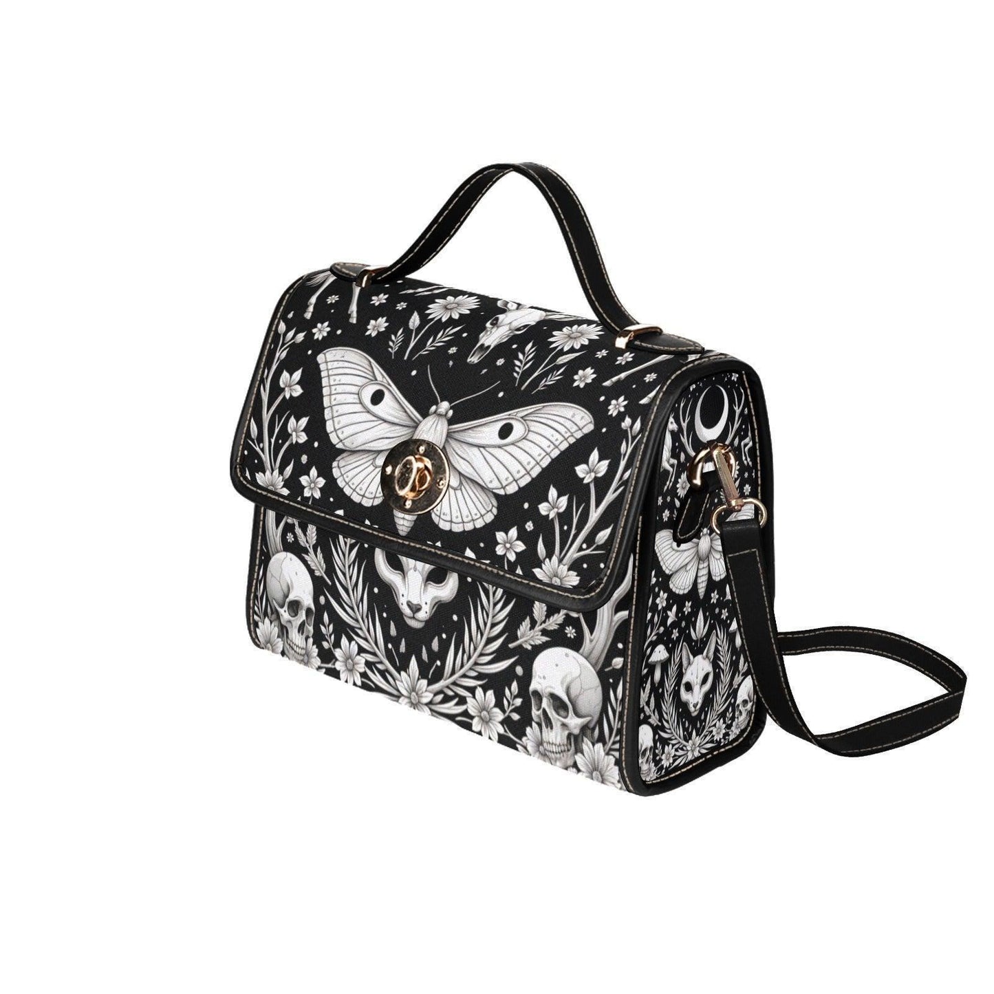 Occult moth satchel purse, witchy cat skull crossbody bag, black floral skull shoulder bag, mystical daily handbag, lunar fashion accessory