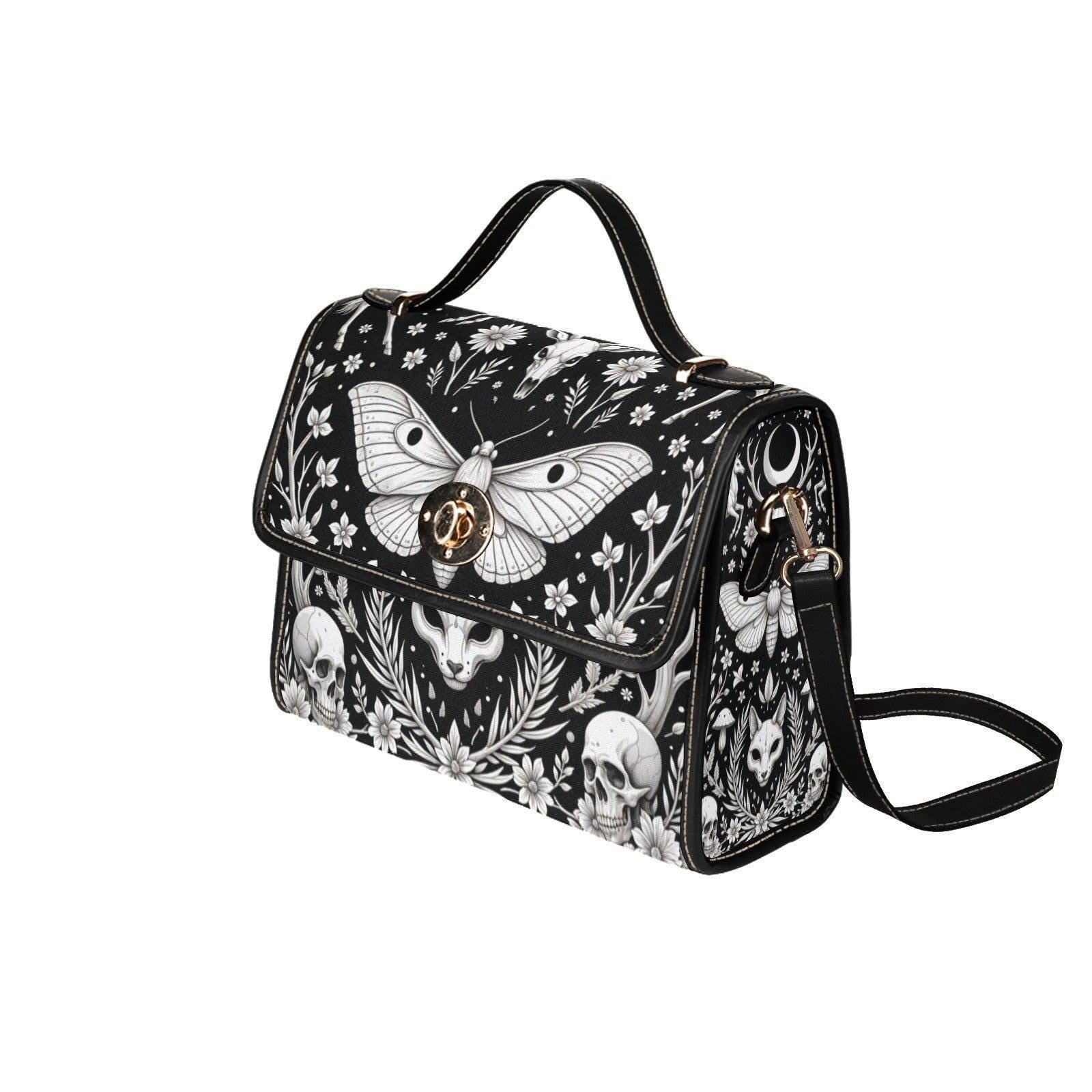 Occult moth satchel purse, witchy cat skull crossbody bag, black floral skull shoulder bag, mystical daily handbag, lunar fashion accessory