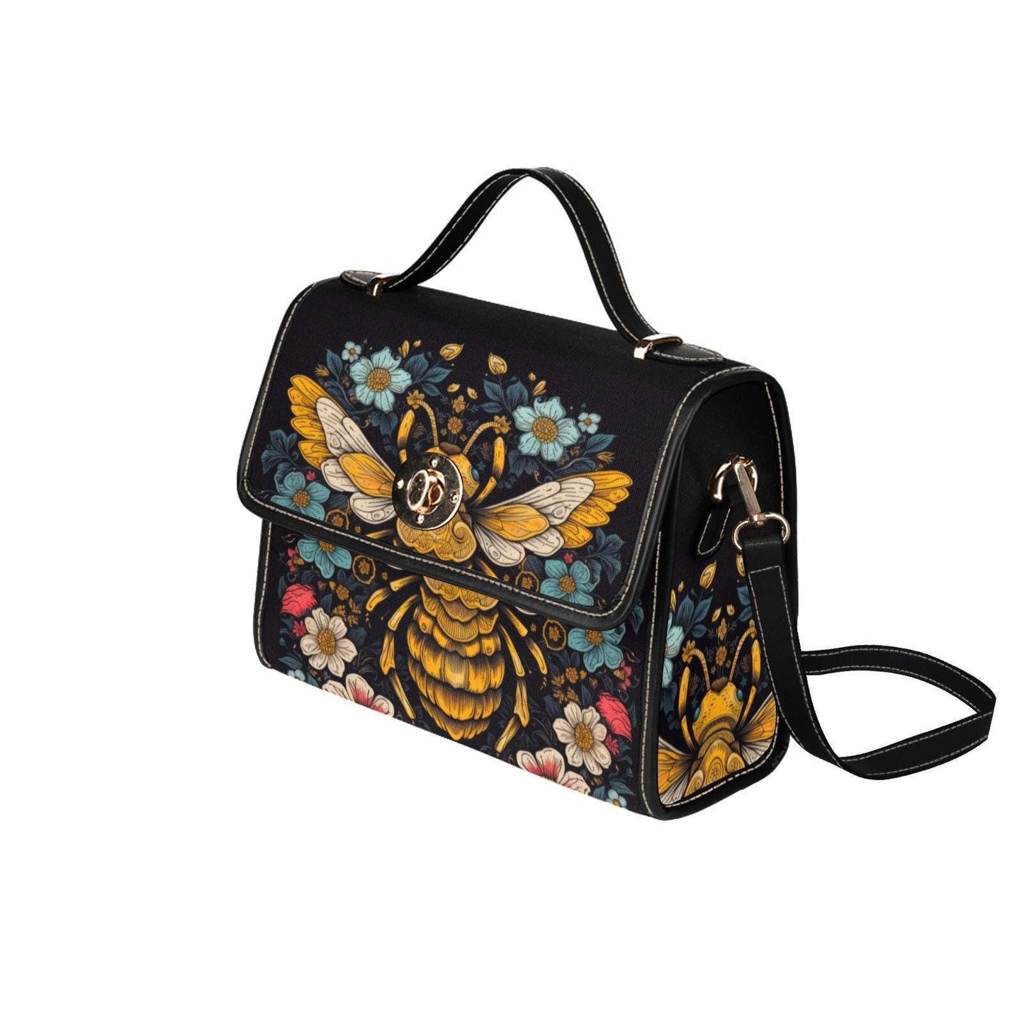 Bee floral handbag, top handle purse, dark botanical bag, cottagecore statement accessory