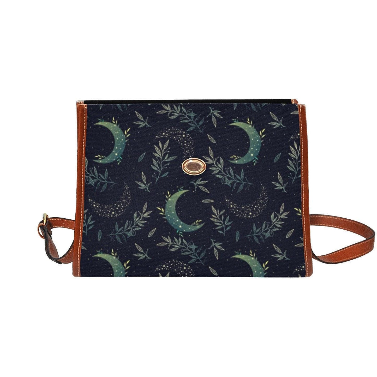 Botanical moon phases bag, stargazer crossbody purse, leafy night sky satchel, soft witch aesthetic handbag, lunar cycle shoulder bag