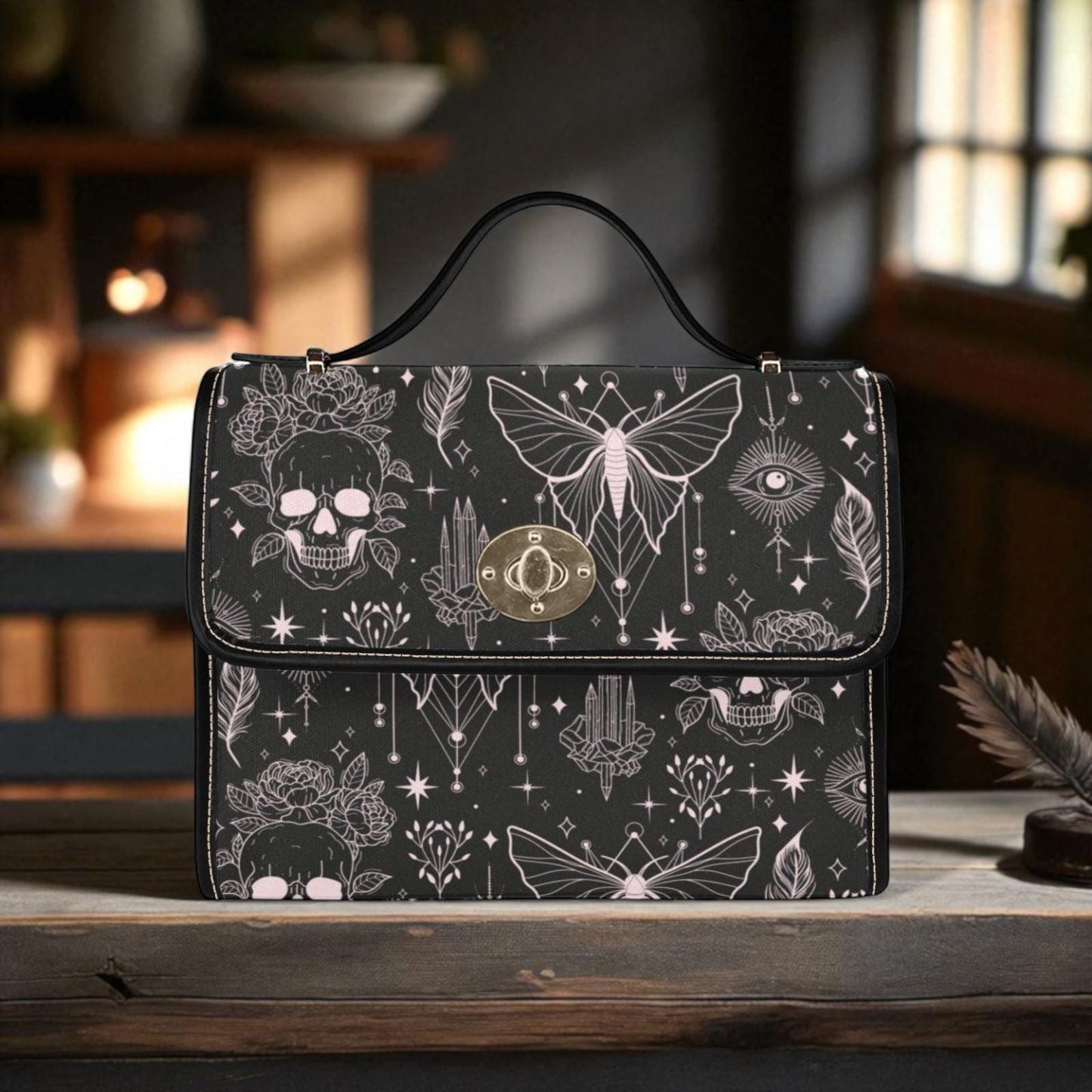 Gothic Moths & Skulls Purse – Mystical Crystals and Roses Design
