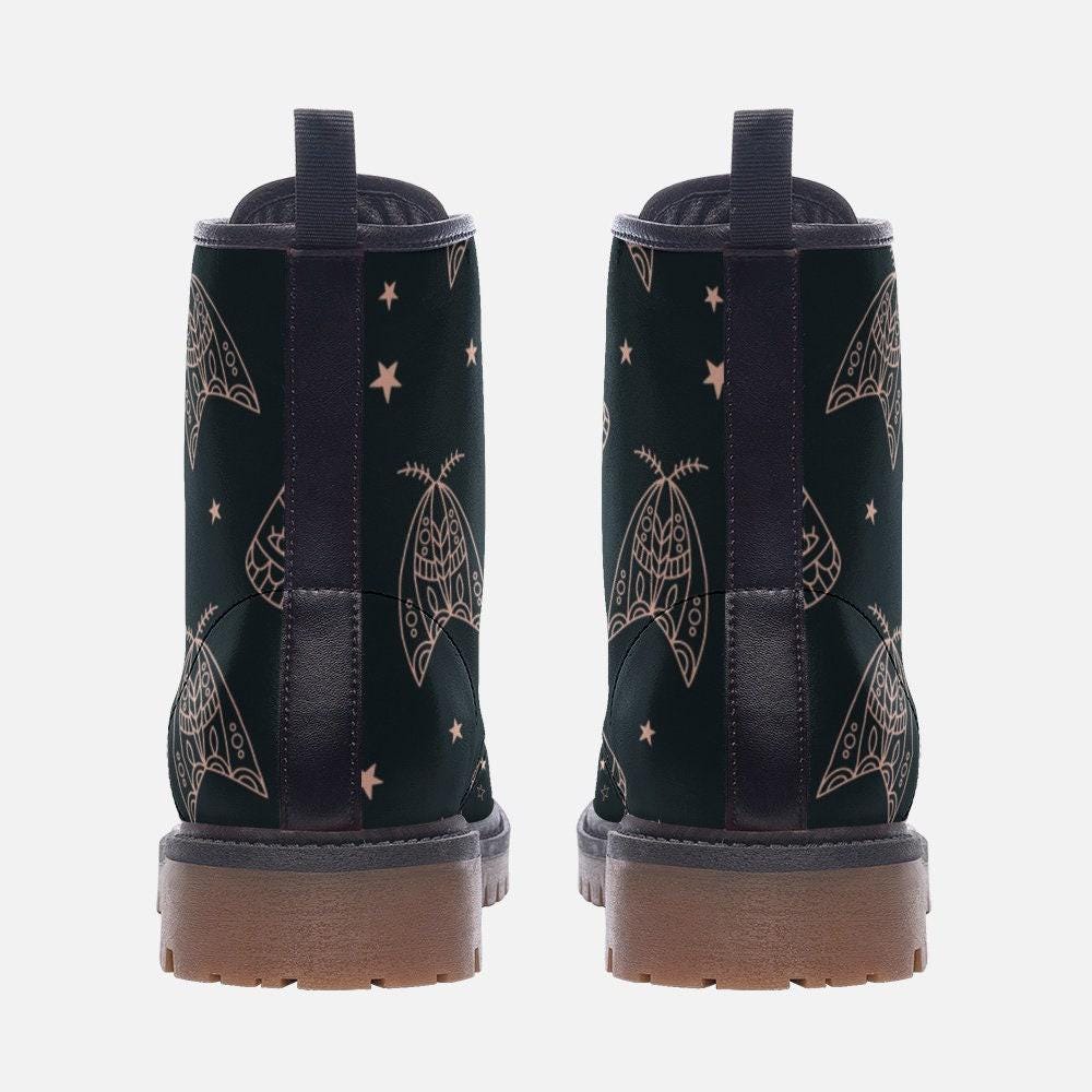 Line Art Moth Boots, Celestial Insect Lace Up Shoes, Mystical Starry Pattern Footwear