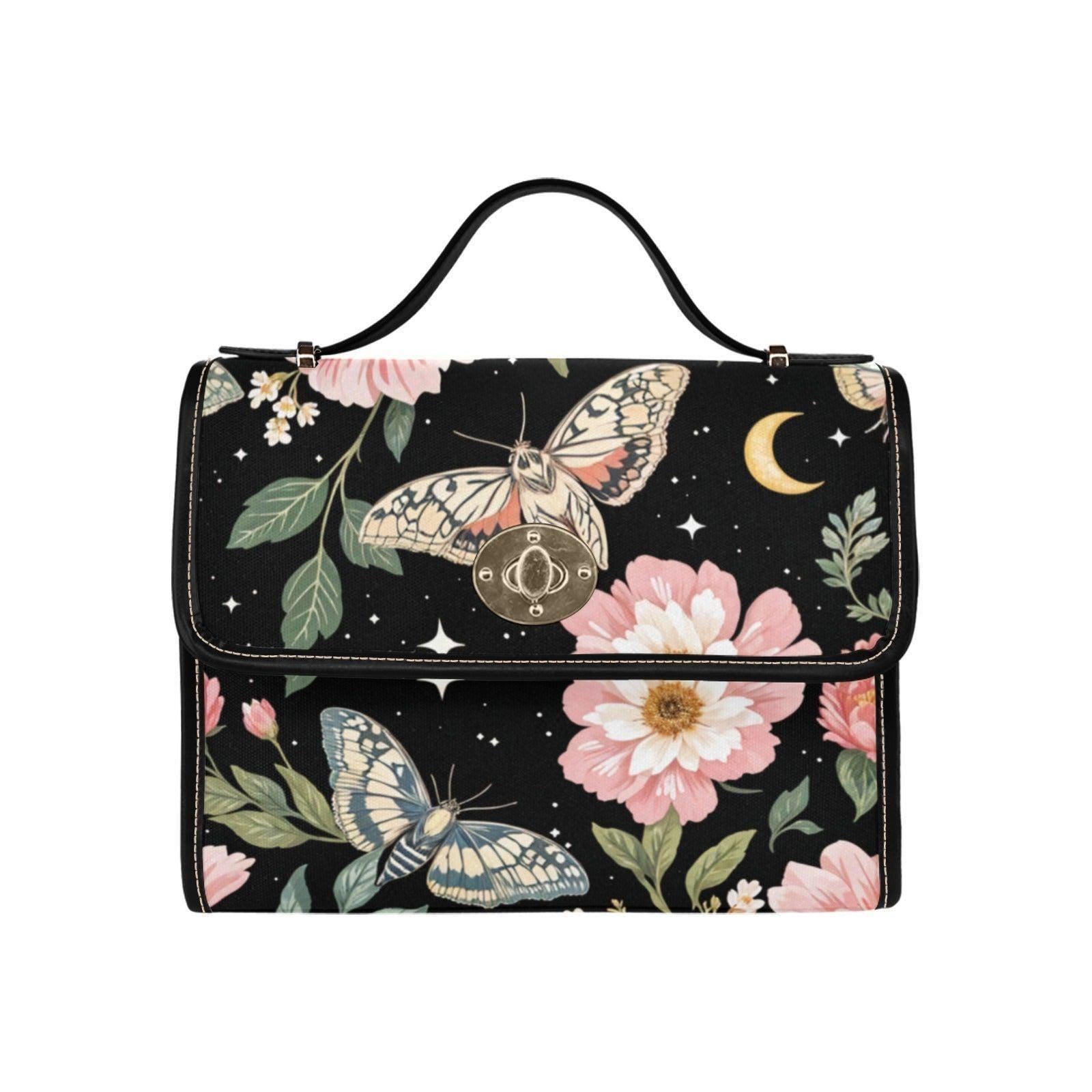 Moth Floral Satchel Bag, Celestial Crossbody Purse, Moonlit Butterfly Handbag for Her