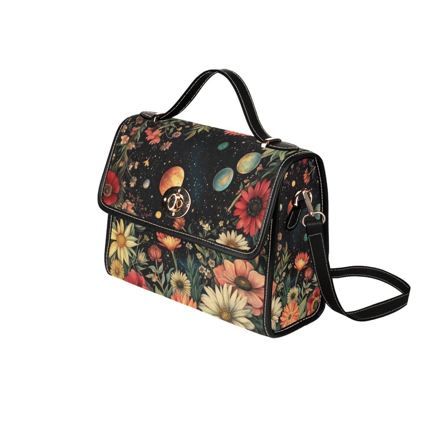 Celestial Floral Handbag, Planet Print Top Handle Purse, Boho Astrology Statement Bag