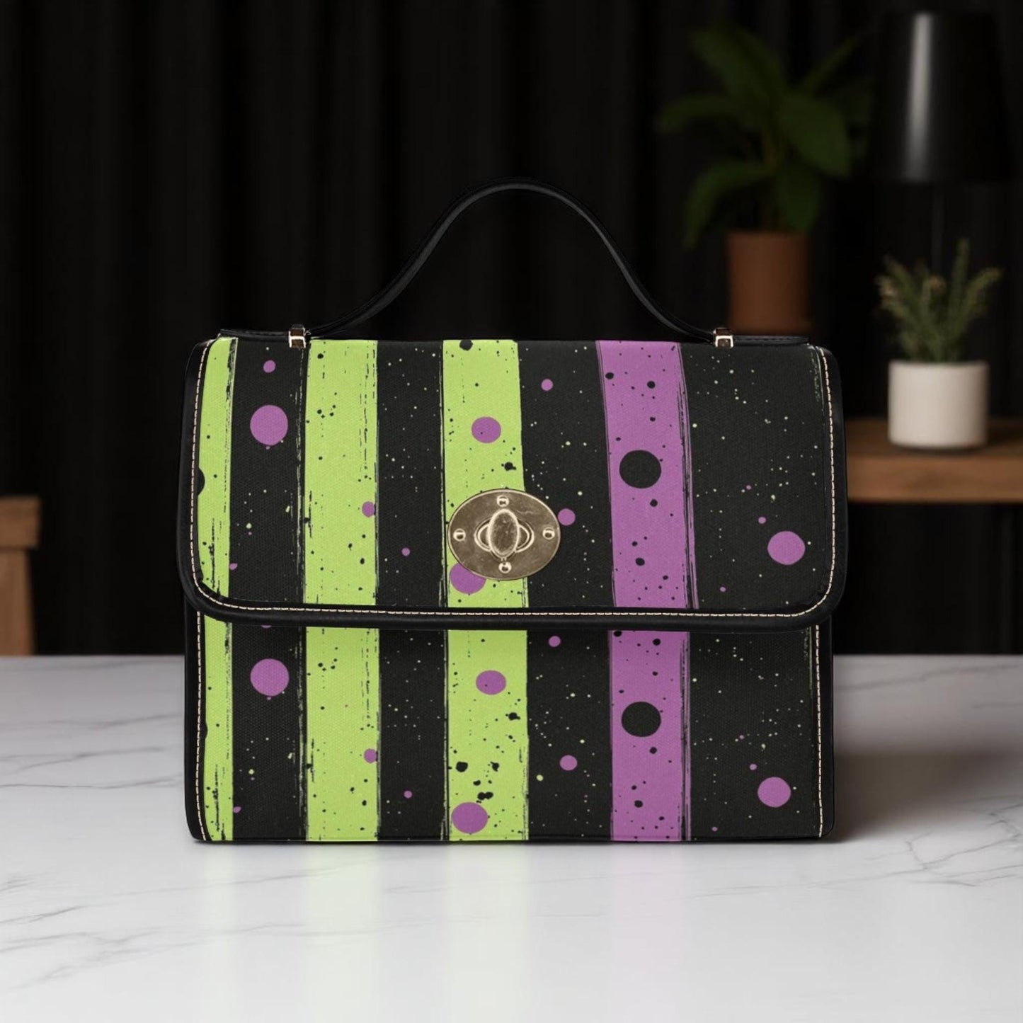 Spooky striped handbag, Lime green and purple purse, Halloween splatter print bag, Gothic party top handle bag, Witchcore statement satchel