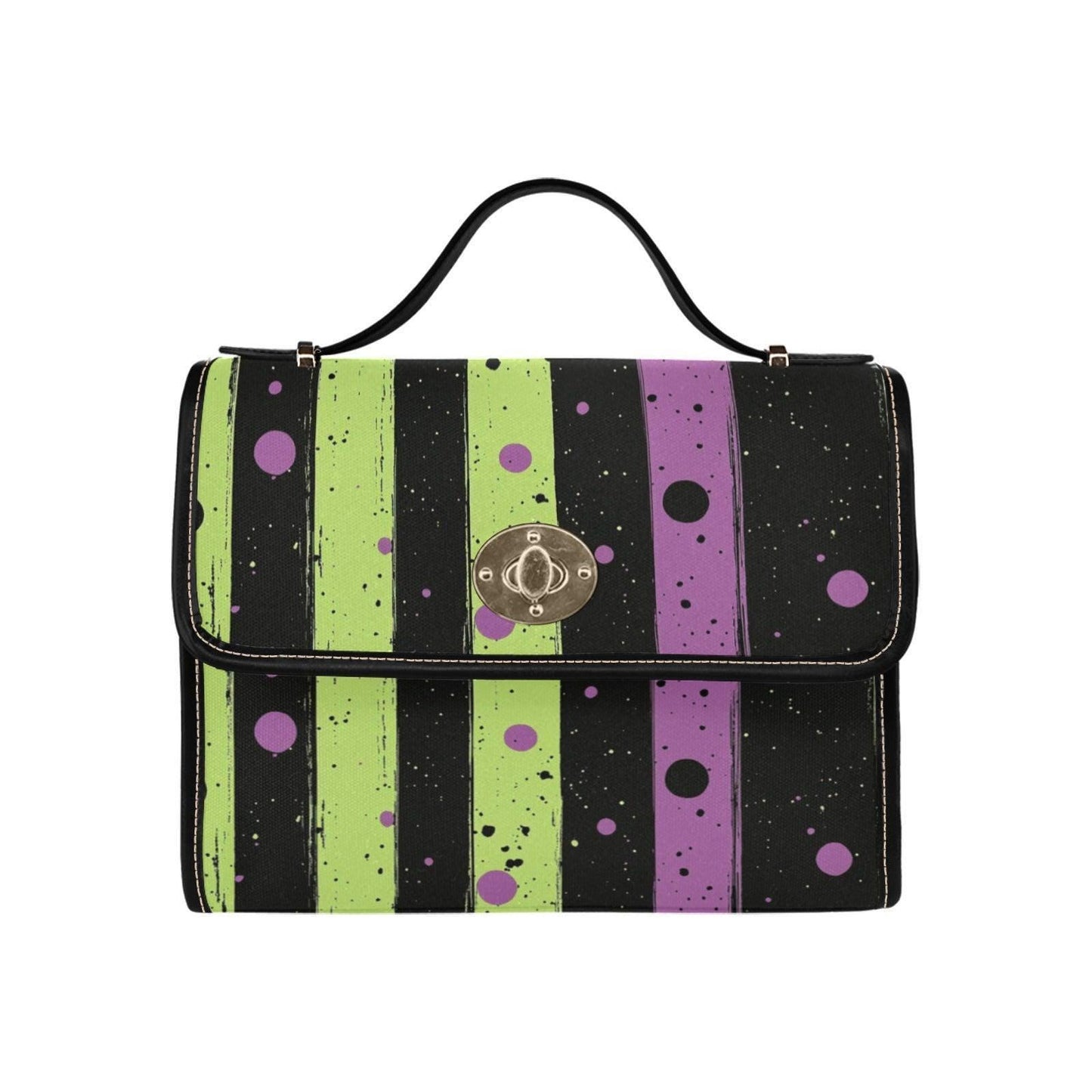 Spooky striped handbag, Lime green and purple purse, Halloween splatter print bag, Gothic party top handle bag, Witchcore statement satchel