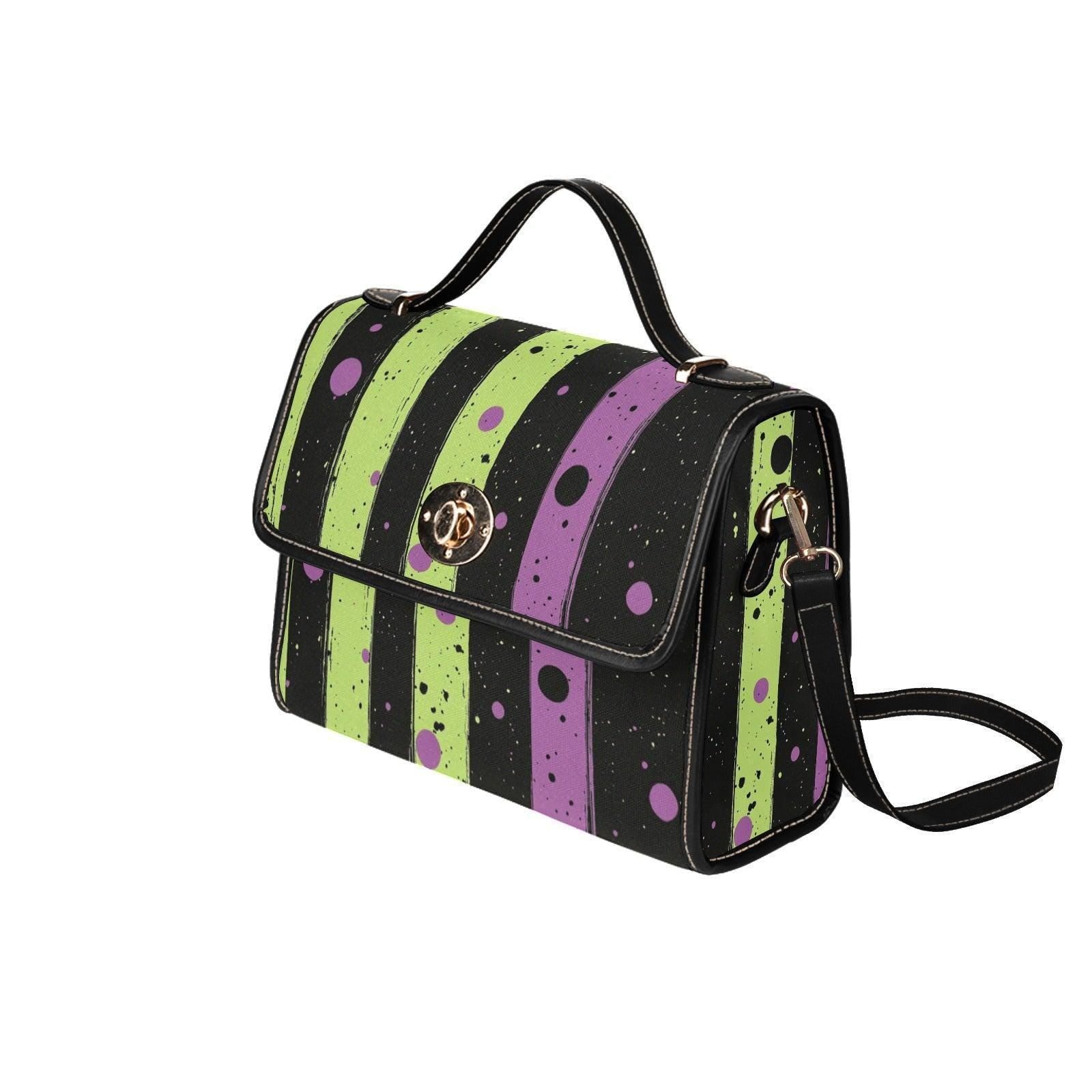 Spooky striped handbag, Lime green and purple purse, Halloween splatter print bag, Gothic party top handle bag, Witchcore statement satchel