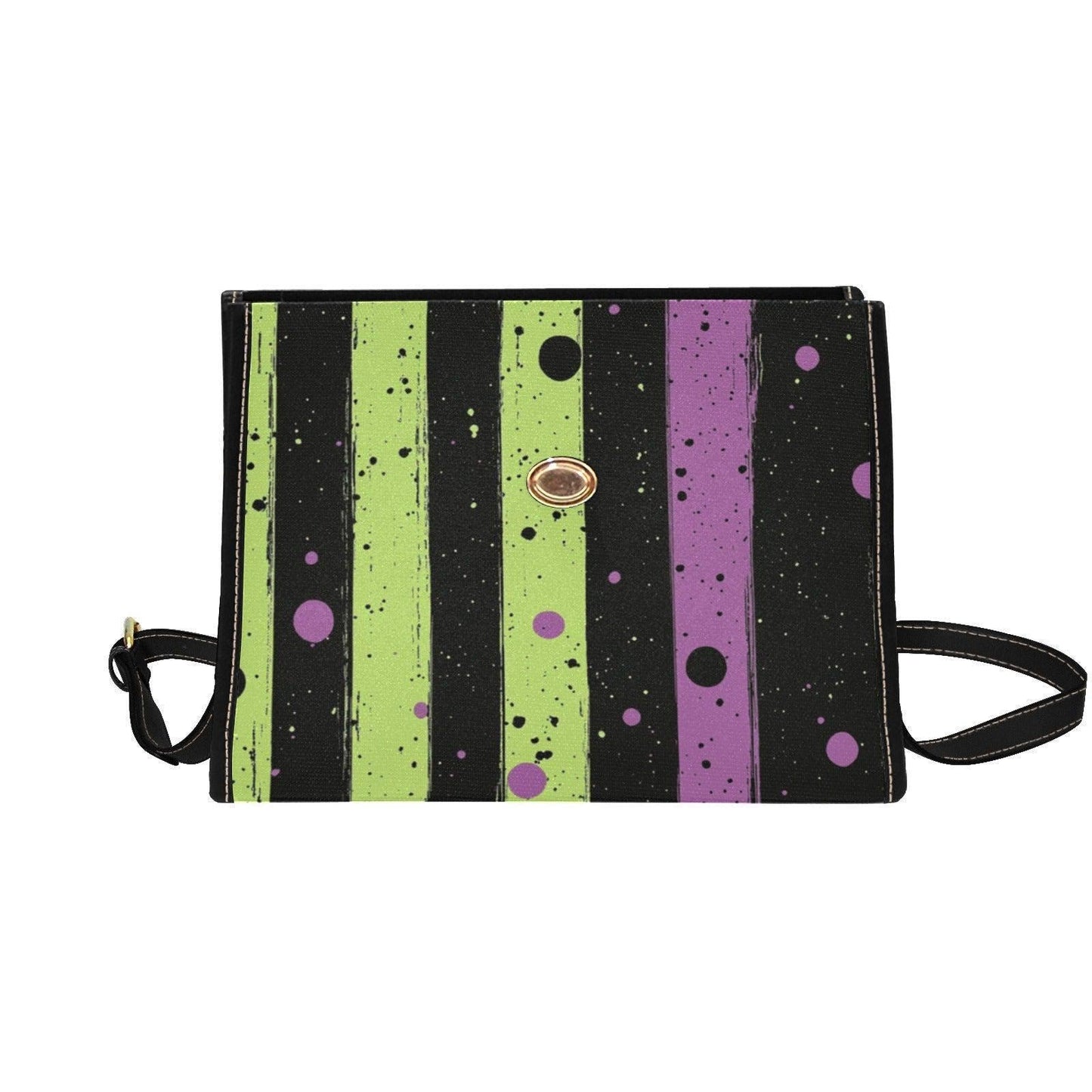 Spooky striped handbag, Lime green and purple purse, Halloween splatter print bag, Gothic party top handle bag, Witchcore statement satchel