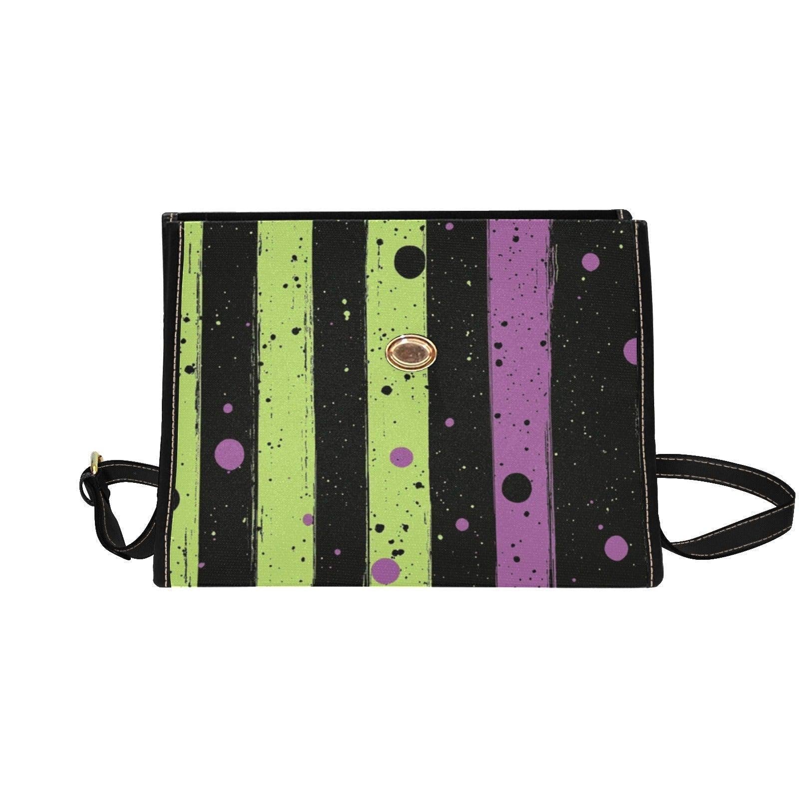Spooky striped handbag, Lime green and purple purse, Halloween splatter print bag, Gothic party top handle bag, Witchcore statement satchel