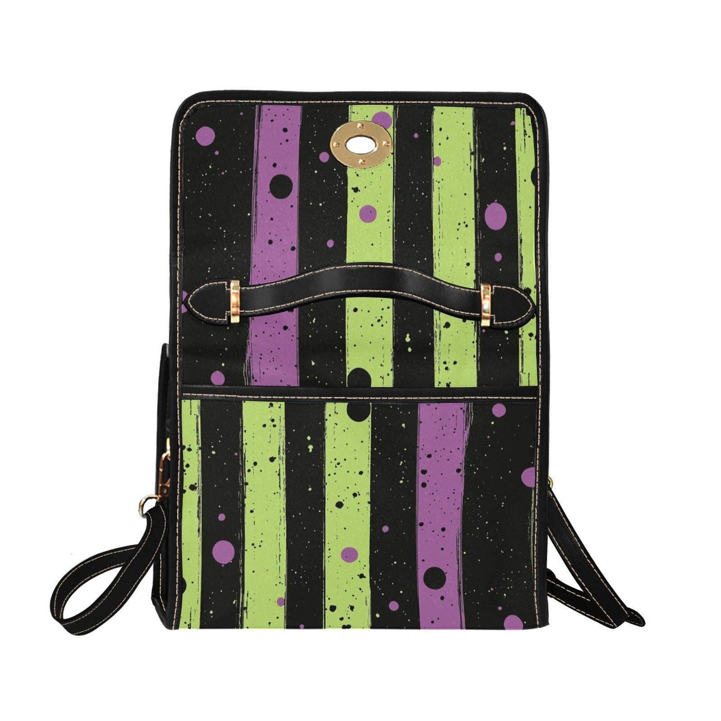 Spooky striped handbag, Lime green and purple purse, Halloween splatter print bag, Gothic party top handle bag, Witchcore statement satchel