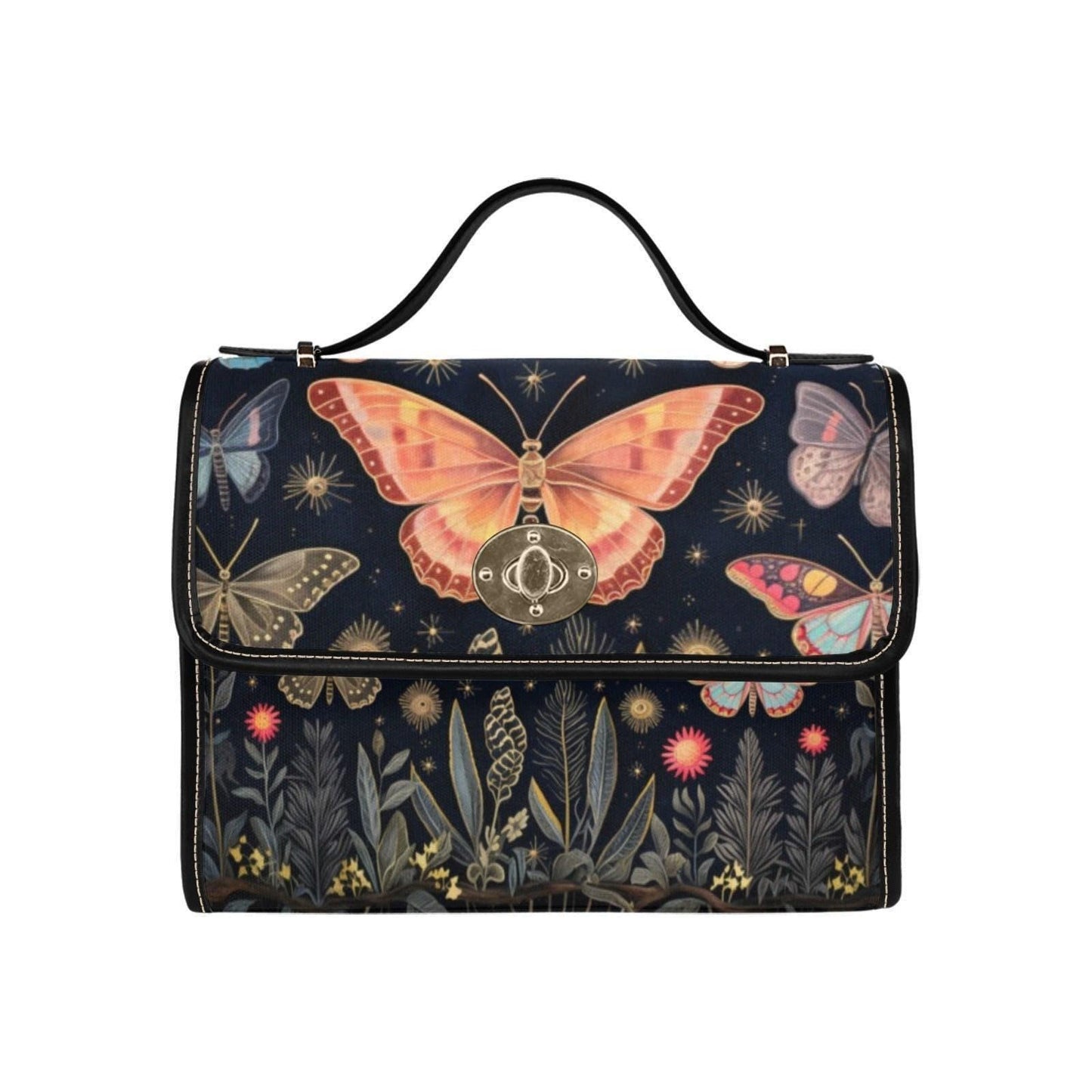 Butterfly Garden Handbag, Botanical Top Handle Purse, Cottagecore Statement Bag