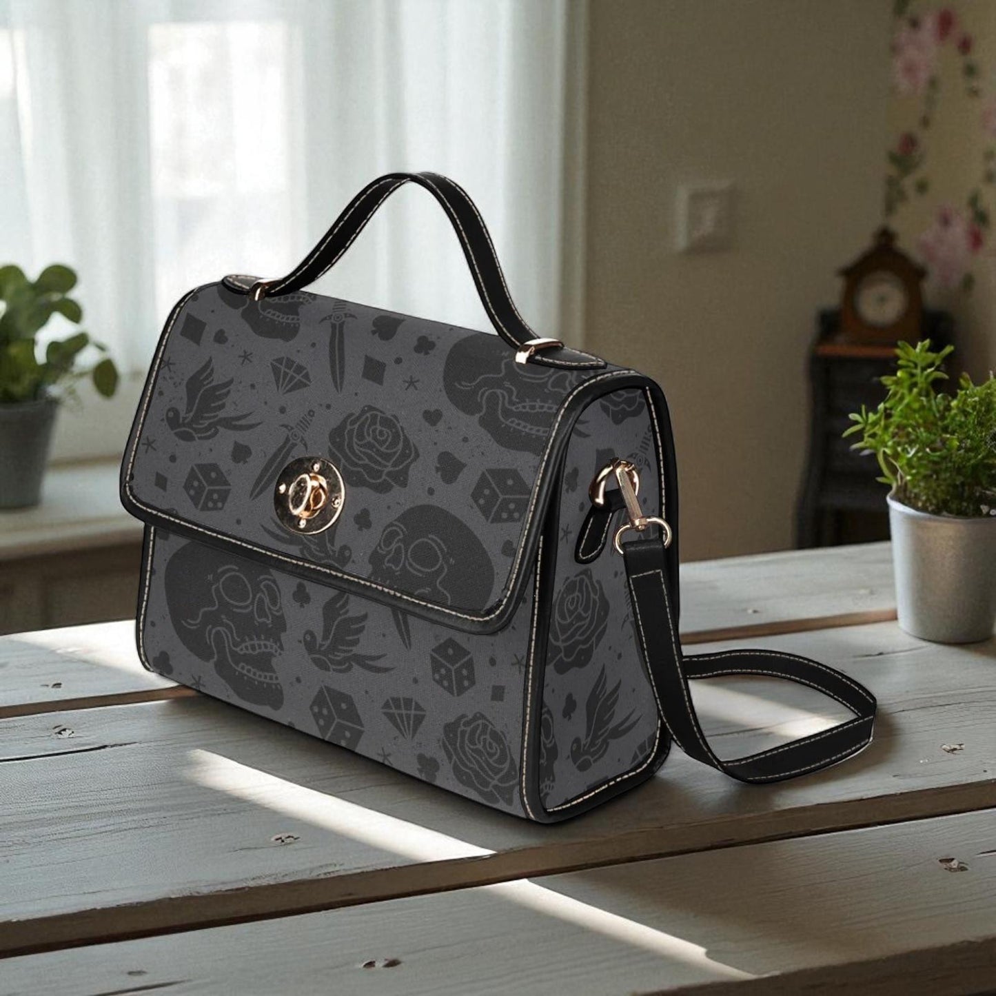 Dark Skull Dice Pattern, Gothic Witchy Bag, Black Crossbody Organizer, Spooky Girl Accessory, Alternative Shoulder Purse, Occult Symbol Bag