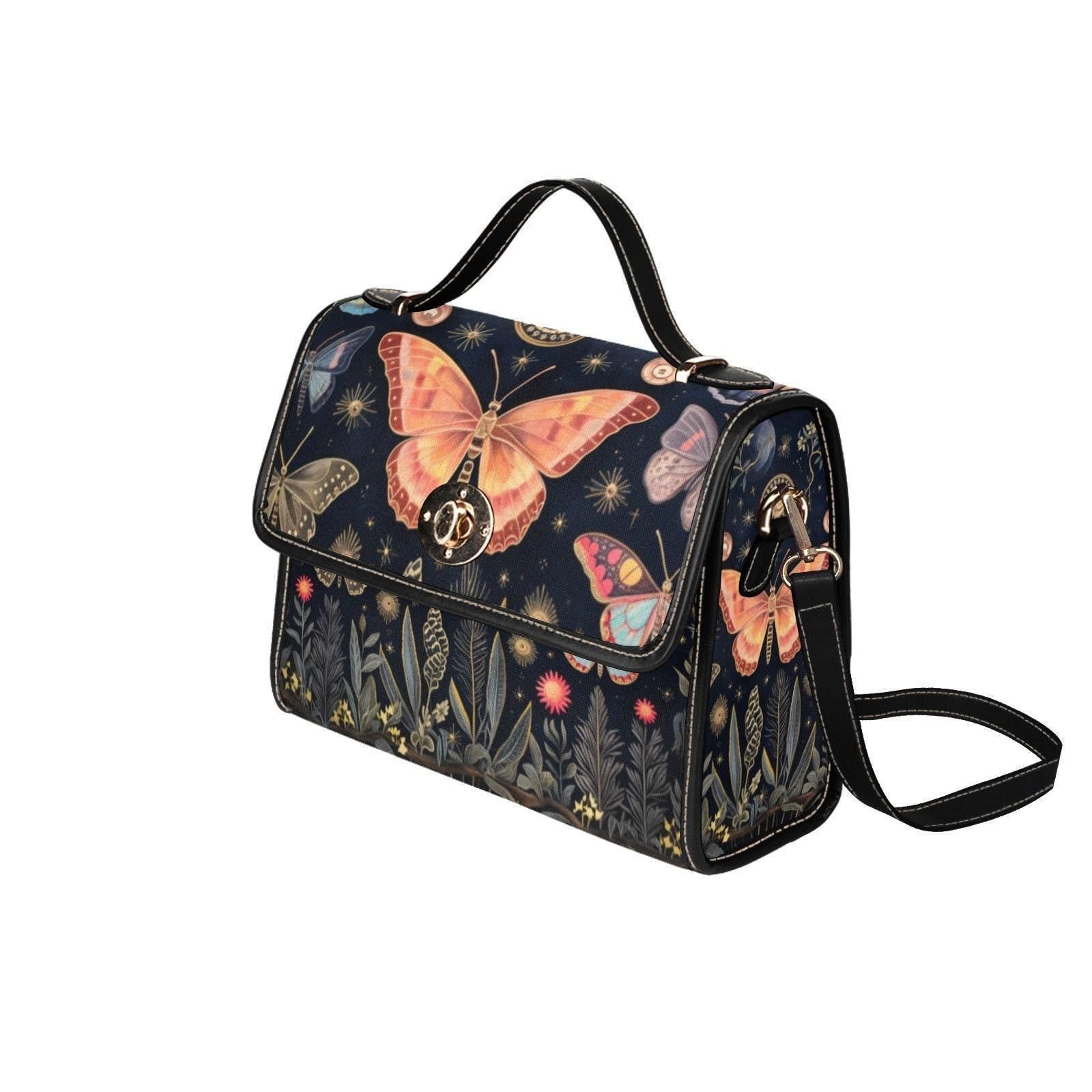 Butterfly Garden Handbag, Botanical Top Handle Purse, Cottagecore Statement Bag