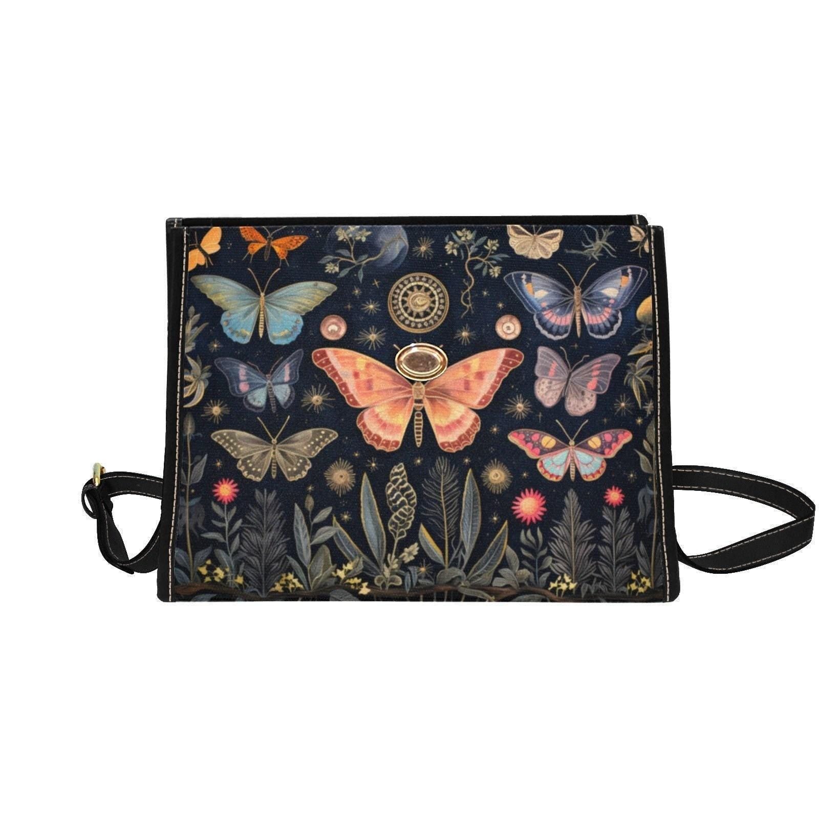 Butterfly Garden Handbag, Botanical Top Handle Purse, Cottagecore Statement Bag