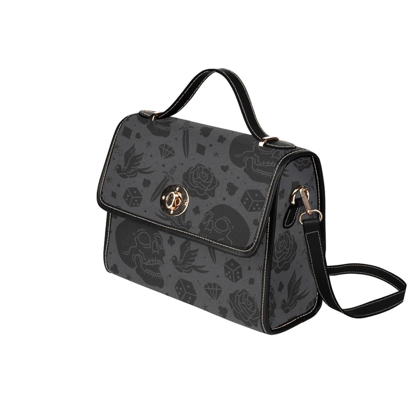 Gothic Skull Purse with Rose Print, Tattoo Flash Handbag, Dark Academia Top Handle Bag