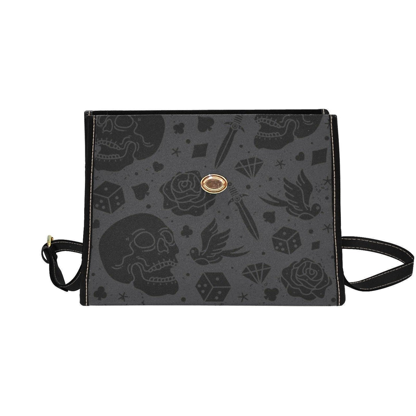 Gothic Skull Purse with Rose Print, Tattoo Flash Handbag, Dark Academia Top Handle Bag