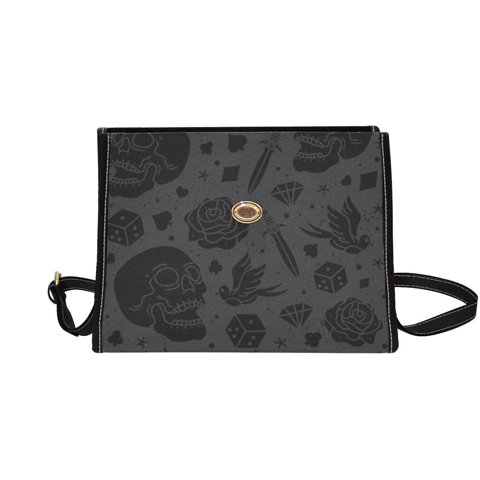 Gothic Skull Purse with Rose Print, Tattoo Flash Handbag, Dark Academia Top Handle Bag
