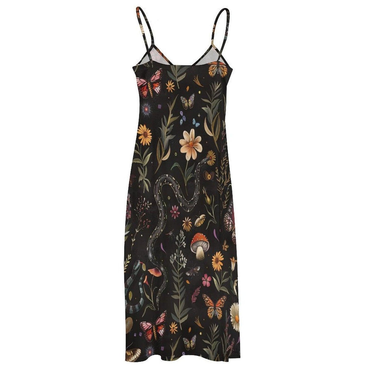 Mystical Snake Butterfly Floral Mushroom Maxi Dress, Fairycore Cottagecore Gown, Dark Nature Festival Wear