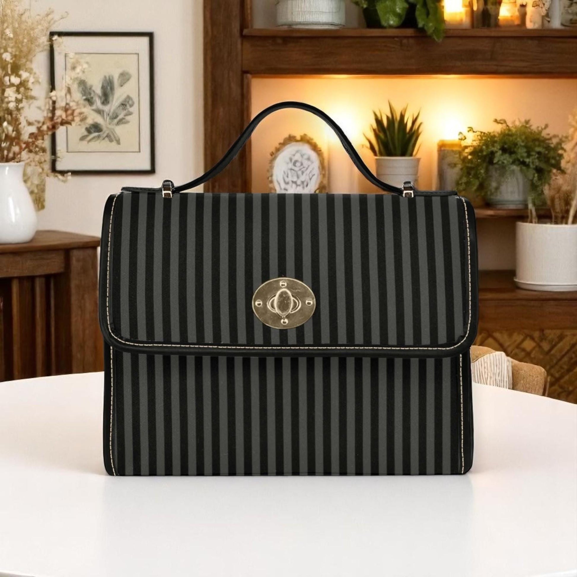 Striped gothic shoulder bag, alt retro glam canvas purse, dark minimalist crossbody satchel, spooky pinstripe halloween outfit gift idea