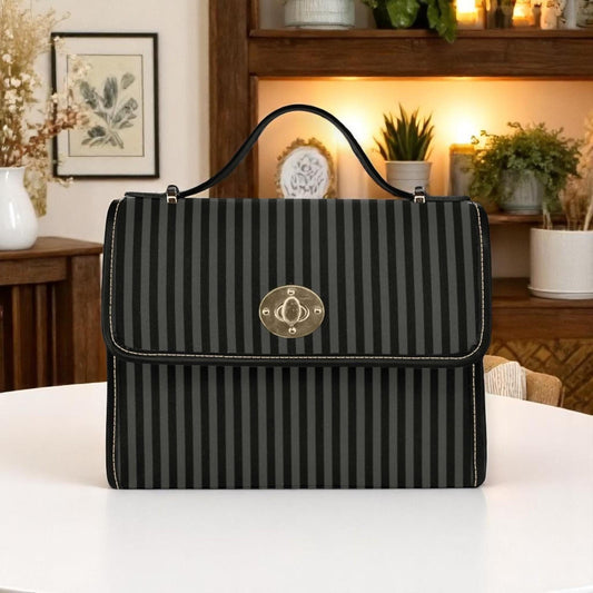 Striped gothic shoulder bag, alt retro glam canvas purse, dark minimalist crossbody satchel, spooky pinstripe halloween outfit gift idea