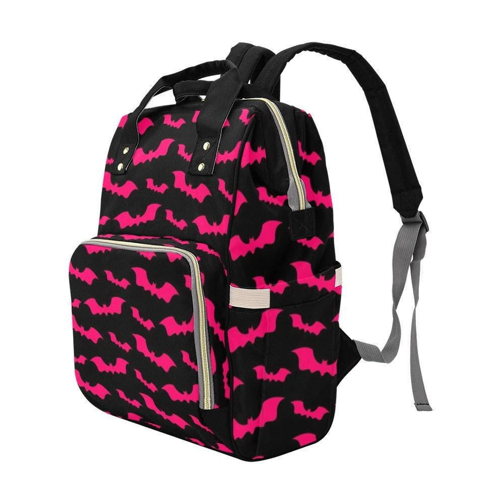 Pink Bat Diaper Bag Backpack, Spooky Halloween Mom Travel Bag, Bold Nursery Organizer
