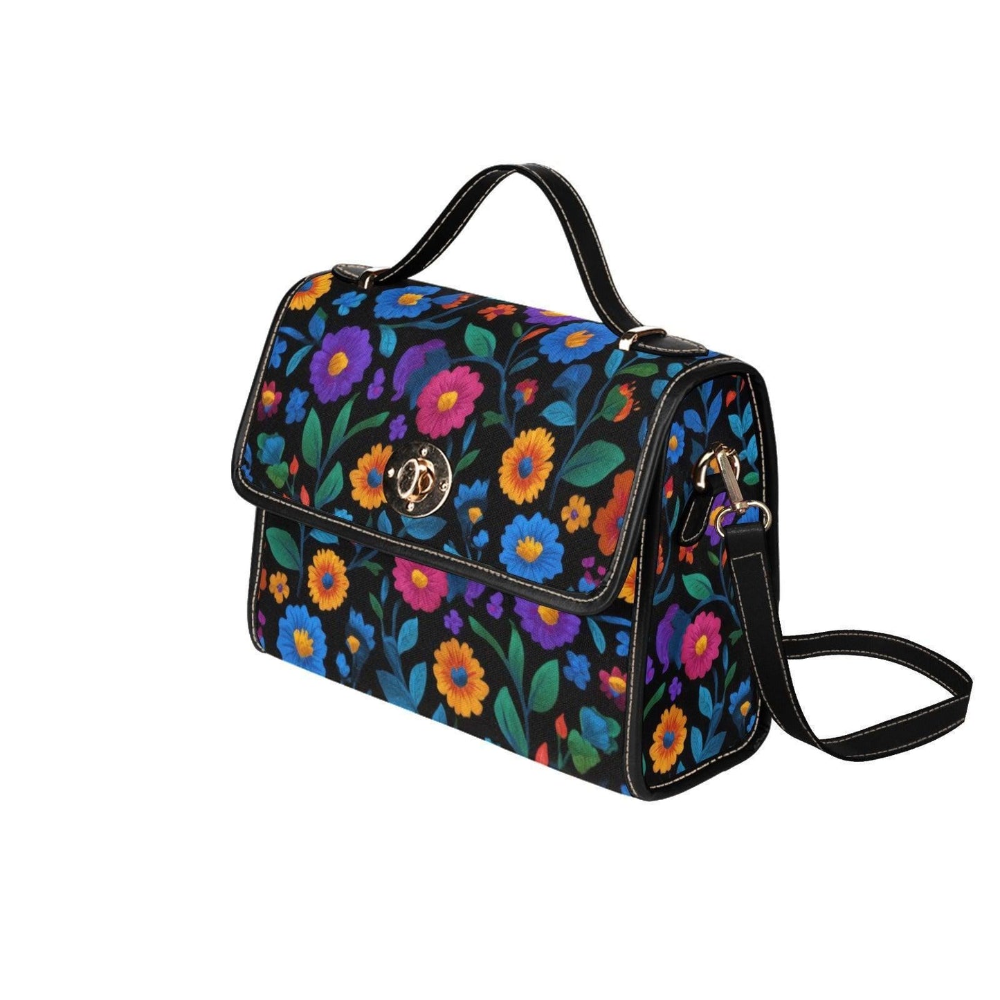 Colorful floral crossbody bag, boho garden canvas purse, vintage waterproof vegan leather strap