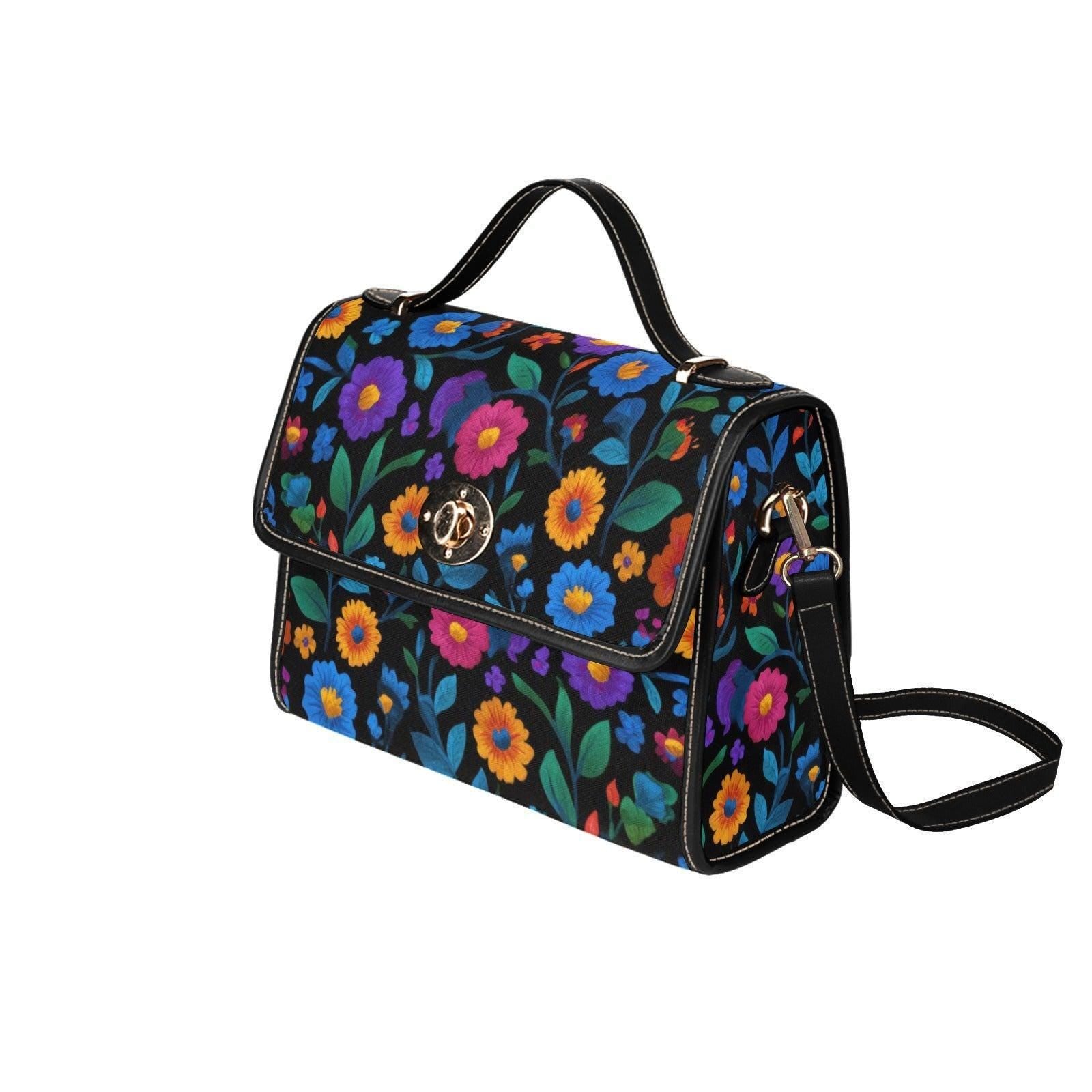 Colorful floral crossbody bag, boho garden canvas purse, vintage waterproof vegan leather strap