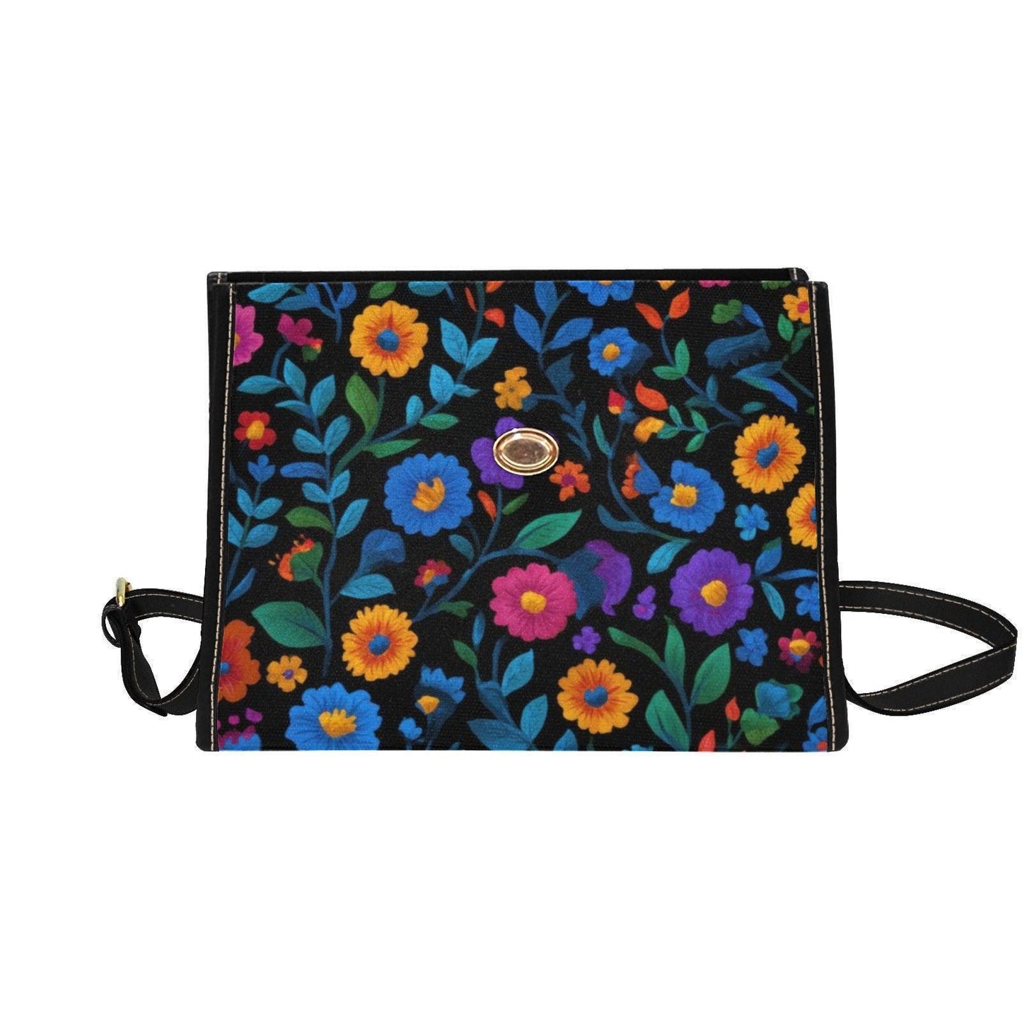 Colorful floral crossbody bag, boho garden canvas purse, vintage waterproof vegan leather strap