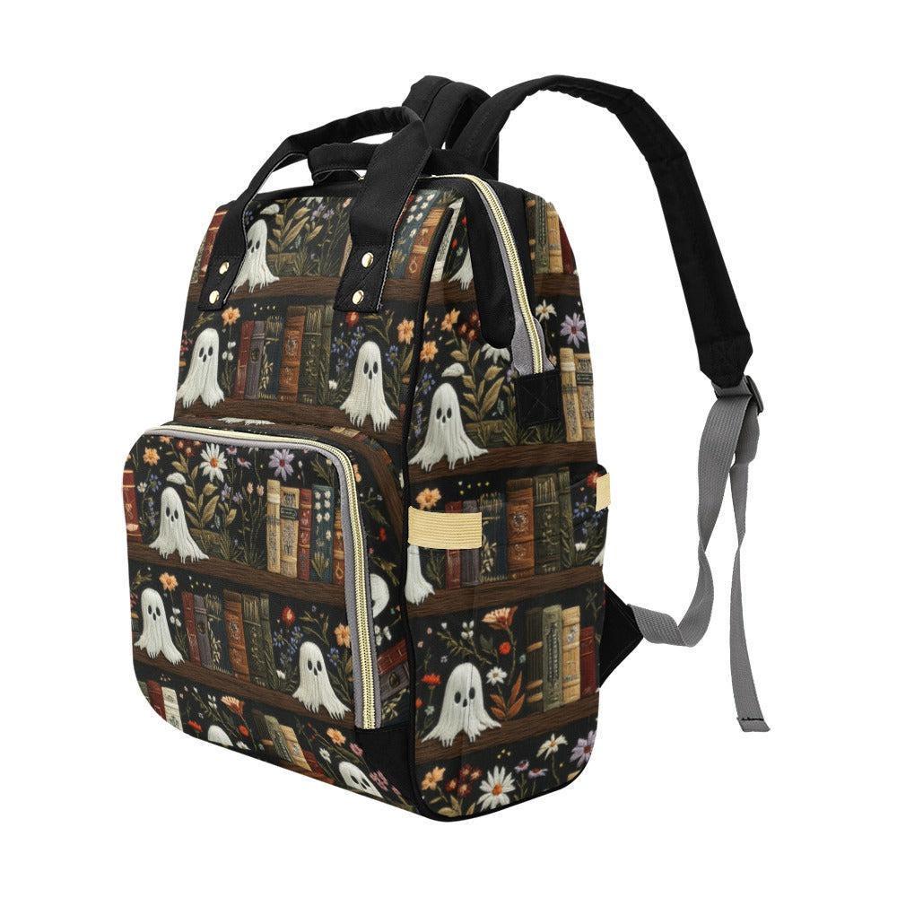 Ghost Diaper Bag Backpack, Floral Bookshelf Baby Travel Bag, Bookish Mom Backpack
