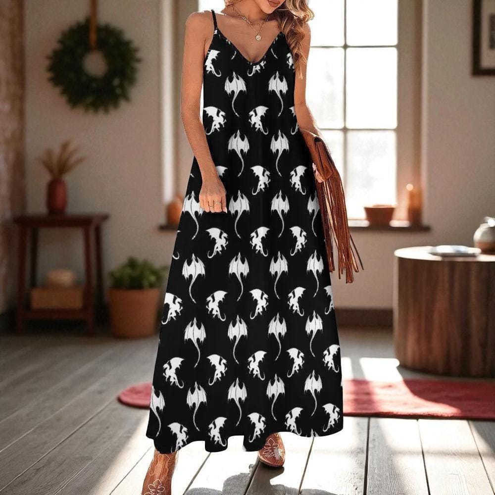 Gothic Dragon Print Maxi Dress, Witchy Fantasy Summer Outfit, Fairycore Boho Witch Dress