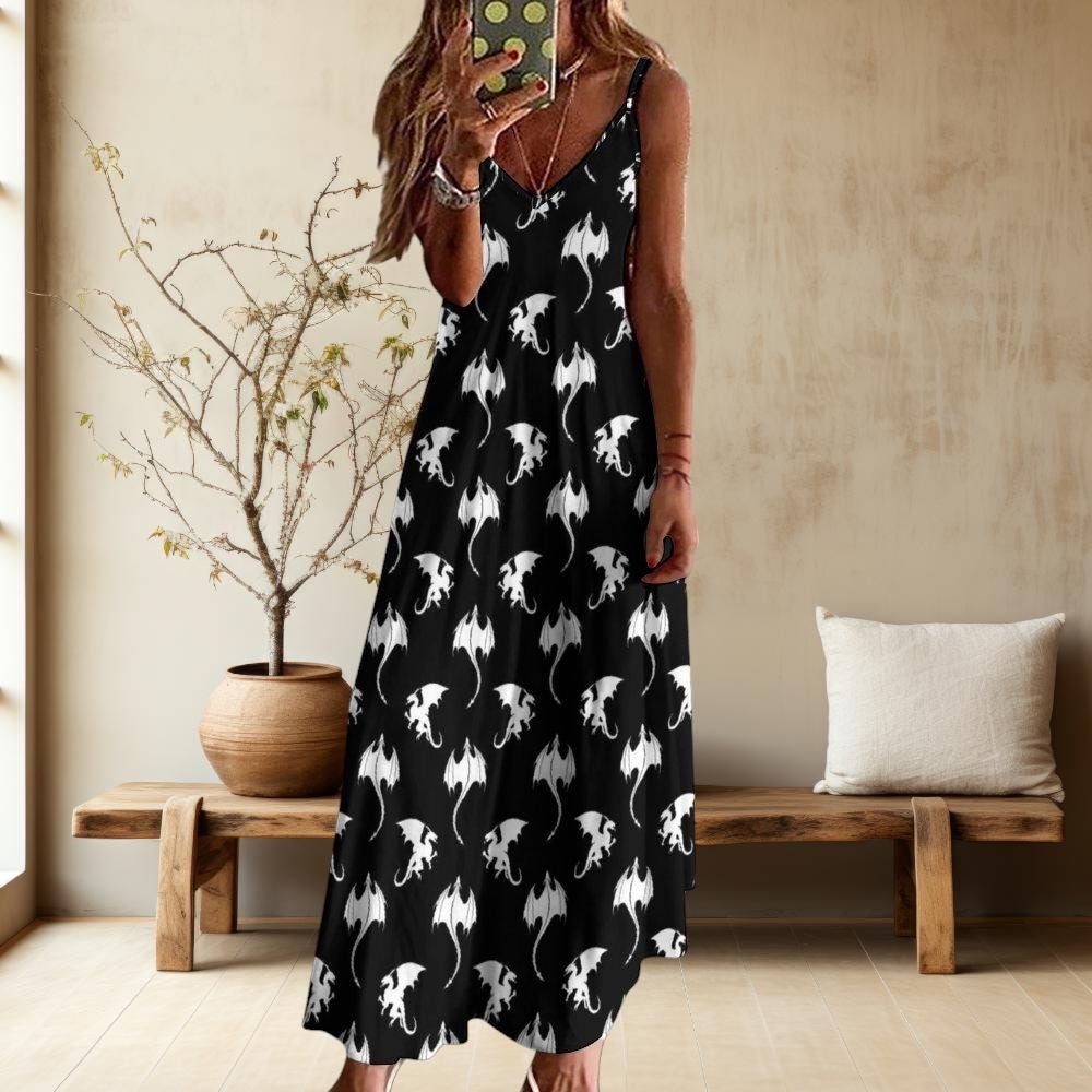 Gothic Dragon Print Maxi Dress, Witchy Fantasy Summer Outfit, Fairycore Boho Witch Dress