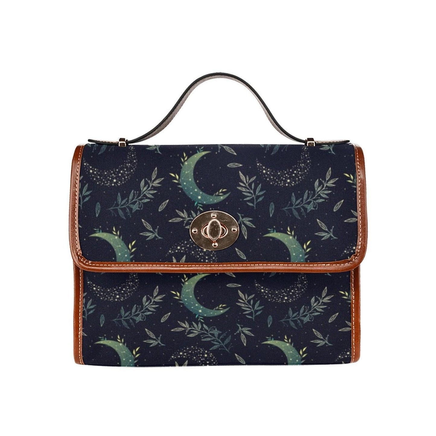 Celestial Satchel Bag, Crescent Moon Botanical Print Crossbody Handbag